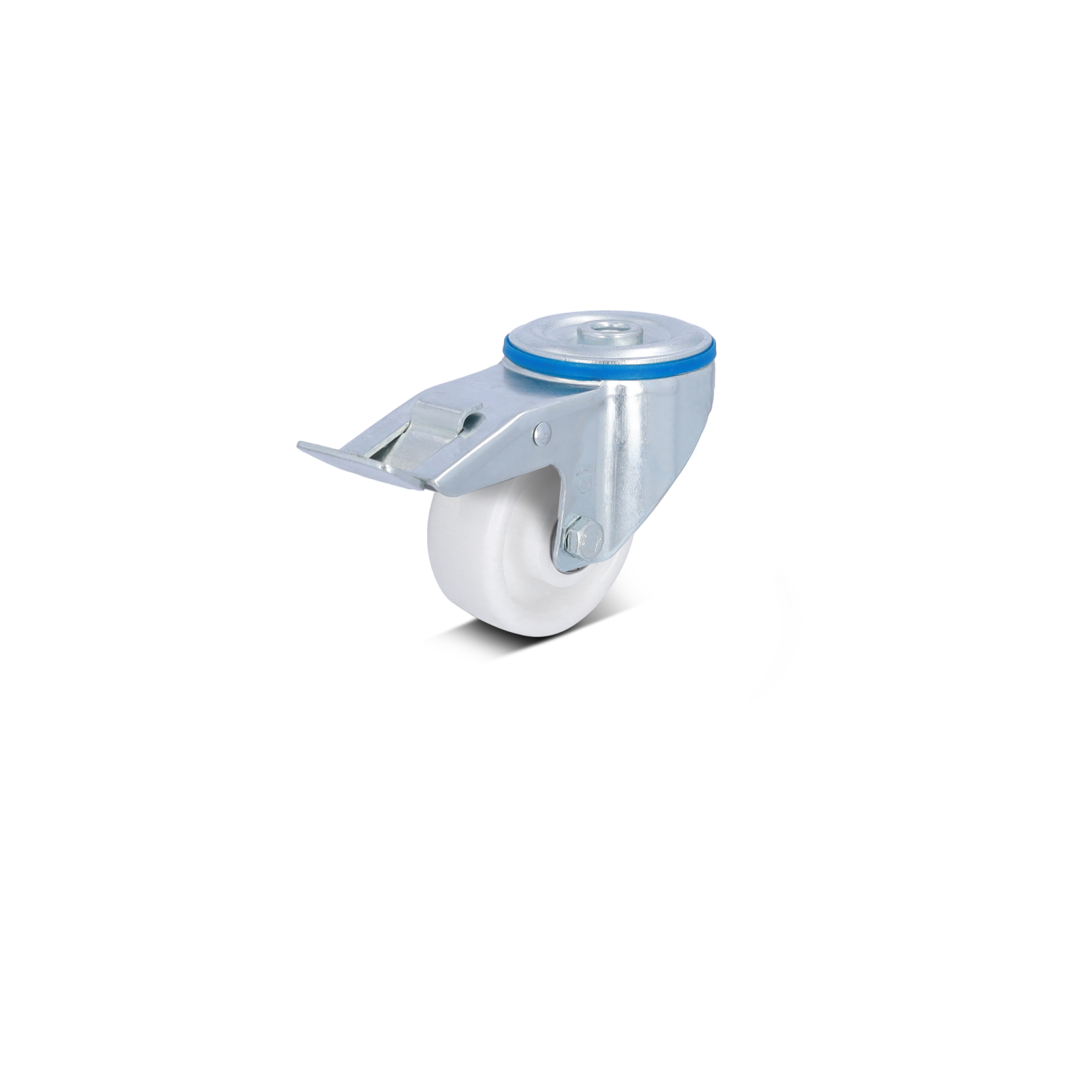 A white industrial wheel is attached to a silver metal swivel mount. The wheel features a blue ring around its hub and is designed for mobility in material handling contexts.