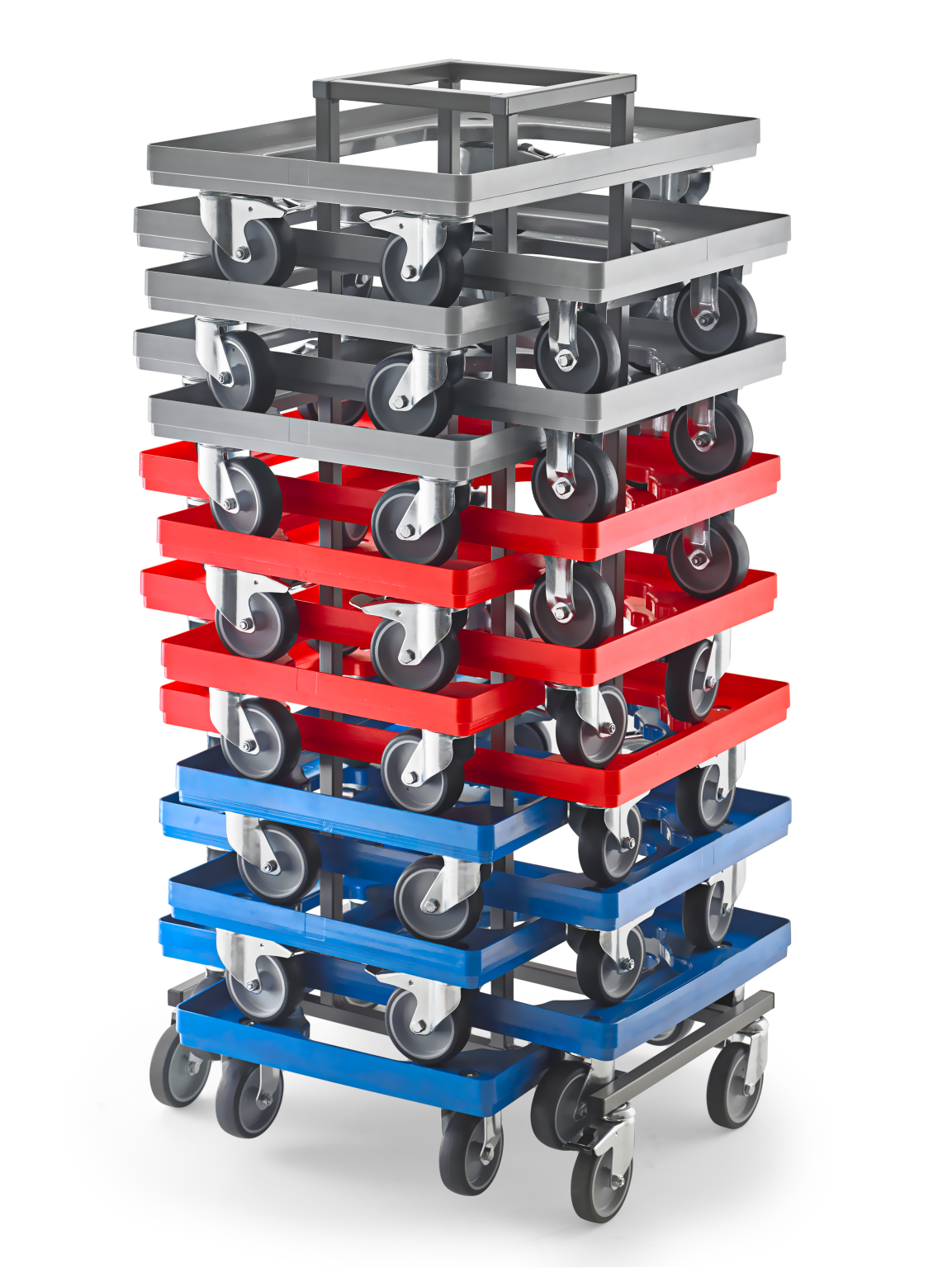 Stacked transport trolleys in gray, red, and blue are shown, each with four wheels for mobility. They are arranged in a vertical formation, showcasing their metal frames and sturdy structure against a white background.