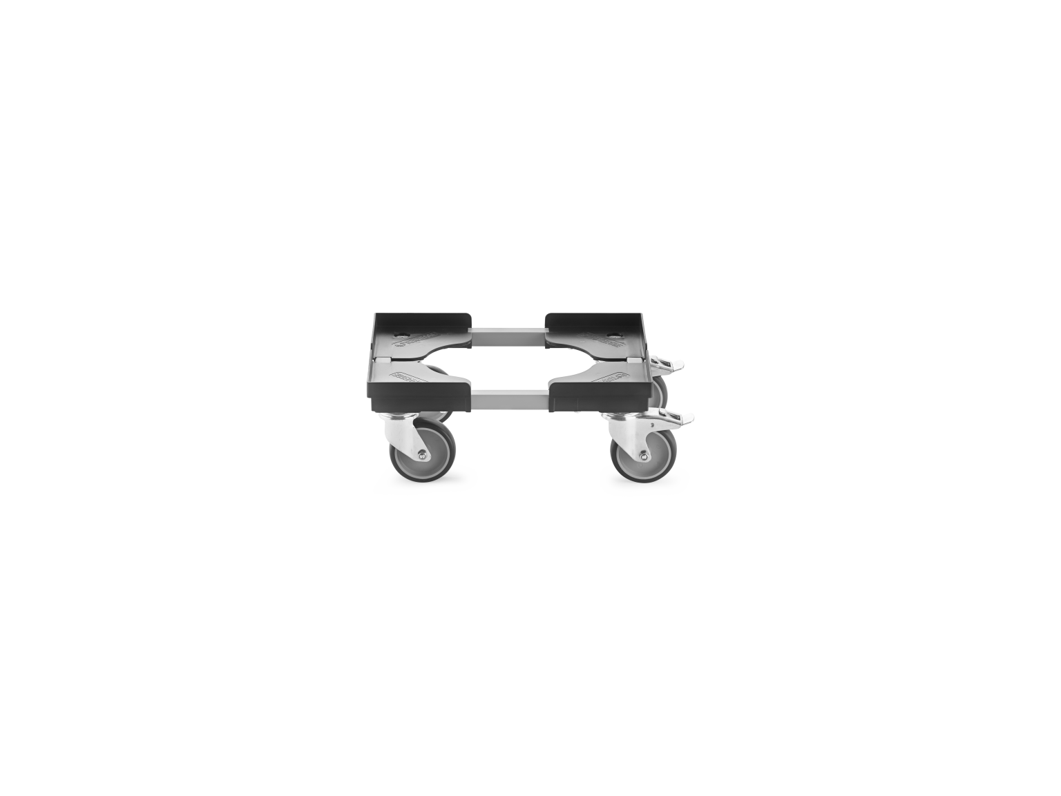 A transport trolley features a flat platform supported by four swivel castors. It has a sleek, metallic finish, with rubberized grip areas on the handle for easy maneuvering.
