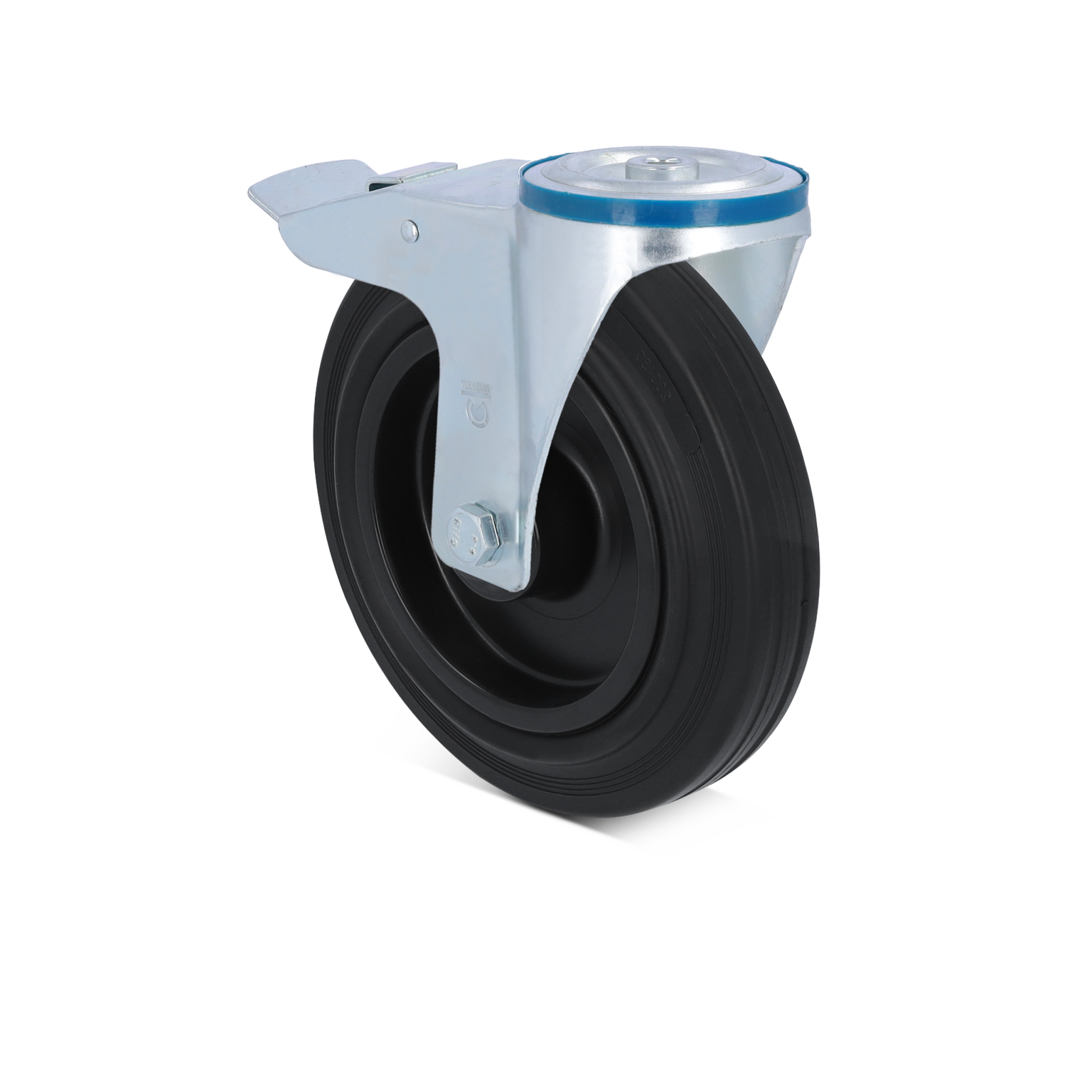 Zwart rubberen wiel met een metalen bevestigd plaatje, voorzien van een blauwe ring. Het wiel staat rechtop en bevindt zich tegen een neutrale achtergrond, geschikt voor transporttoepassingen.