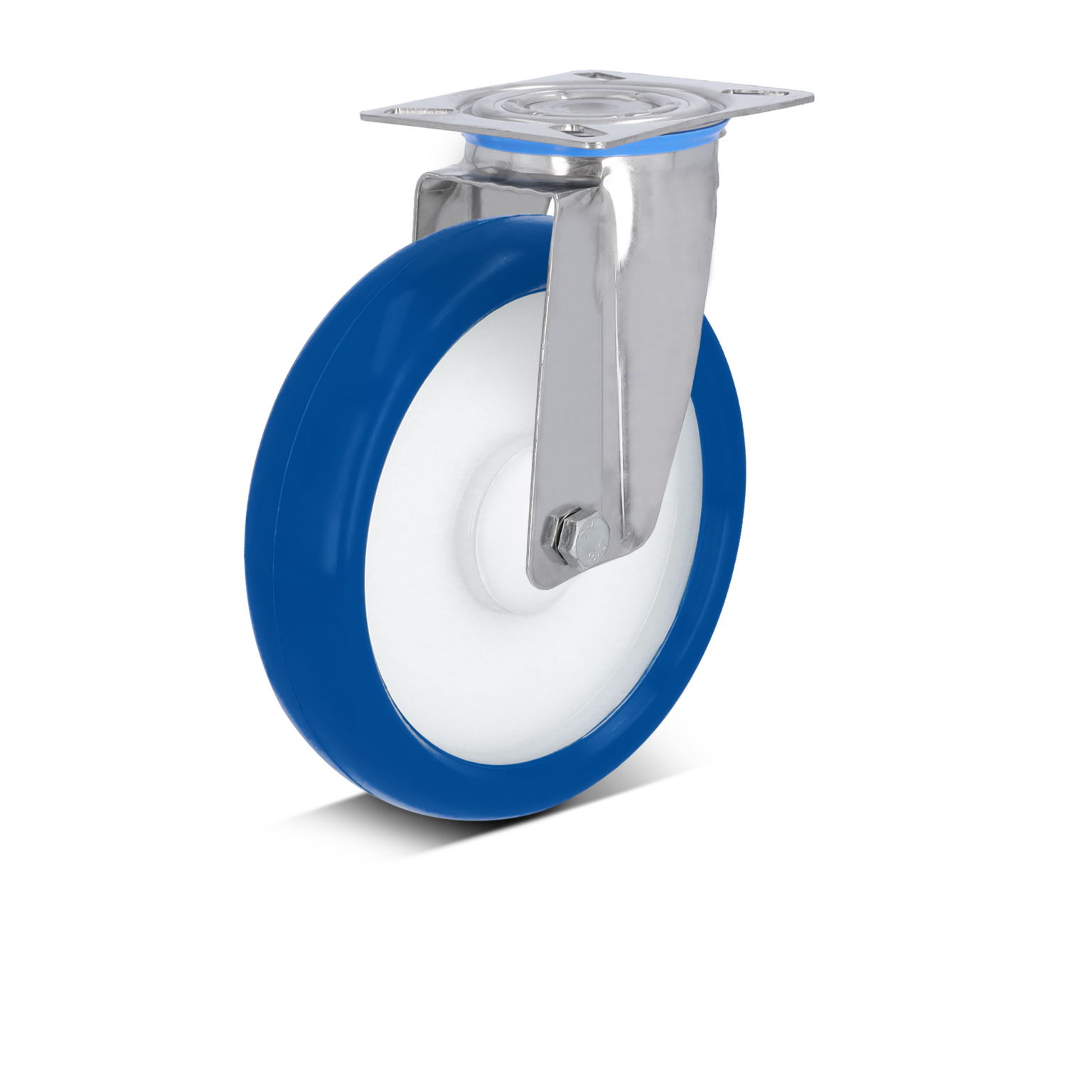 Blue wheel with a white core is mounted on a shiny, silver swivel bracket. The bracket features a square plate with a central hole for easy attachment. The background is plain.