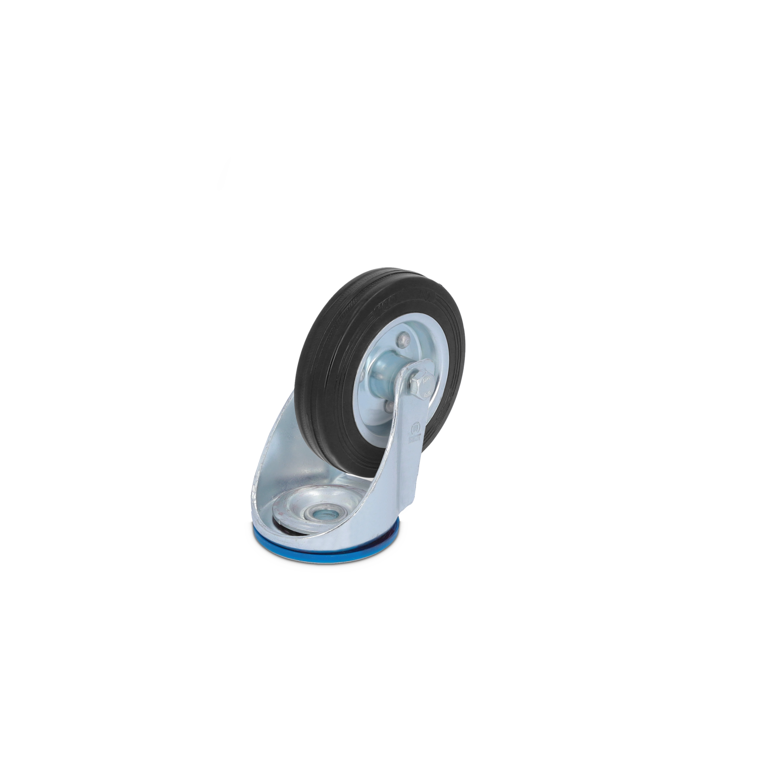 Rubber wiel met een metalen bevestigingsplaat, draait rondom een centrale as. Het geheel is stevig gepositioneerd en lijkt geschikt voor gebruik in industriële toepassingen.