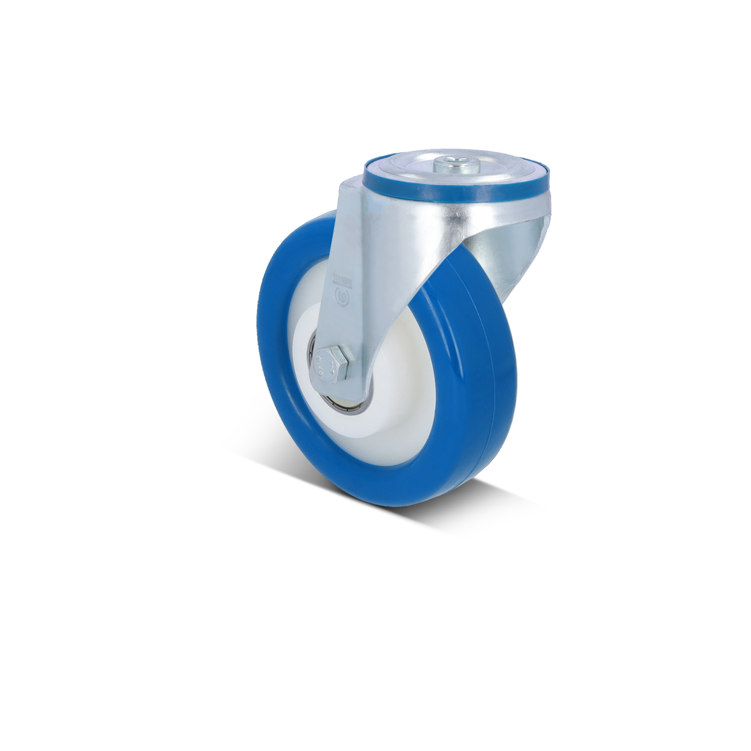 Een industriële castor met een blauw rubberen wiel en een metalen montagebeugel. Het wiel heeft een witte kern en is ontworpen voor gebruik in materiaalbehandelingstoepassingen.