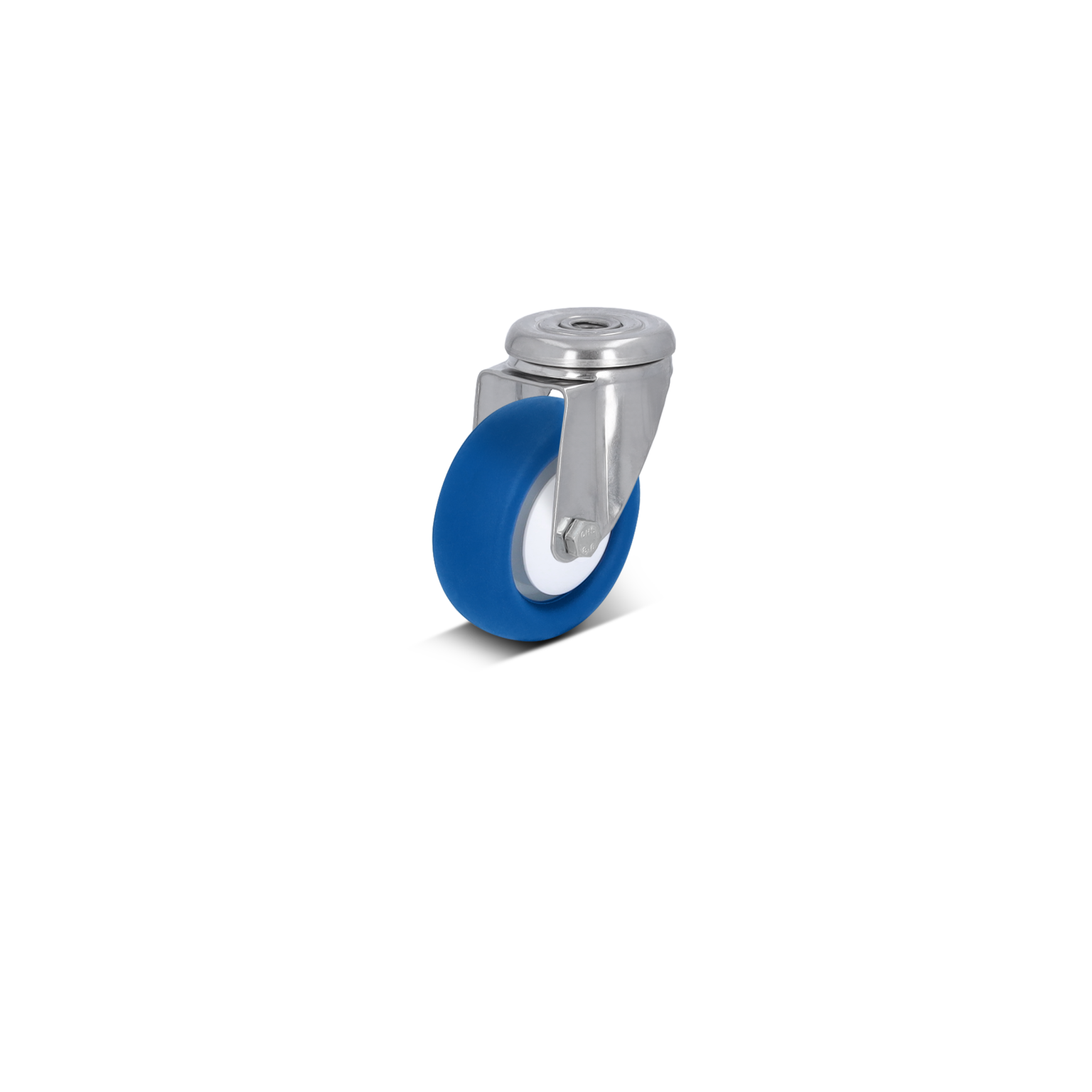 Blauwe rubberen wiel met een witte rand, bevestigd aan een metalen montageplaat. Het wiel is scherp gefocust tegen een zwarte achtergrond, geschikt voor gebruik in industriële toepassingen.