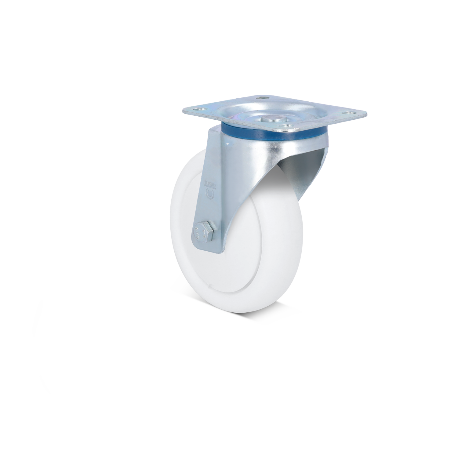 A white industrial wheel is mounted on a silver metal bracket with a flat base plate. The wheel displays a smooth surface, suitable for material handling applications, against a minimalistic background.