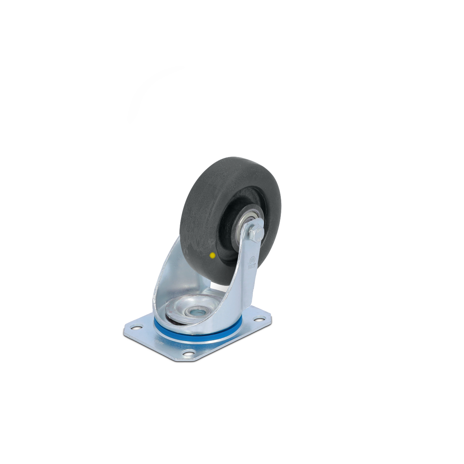 Zwart rubberwiel met een metalen bevestigingsplaat en een draaimechanisme, geplaatst op een witte achtergrond. Het wiel heeft een uitstekende draaicirkel en is ontworpen voor gebruik in industriële toepassingen.