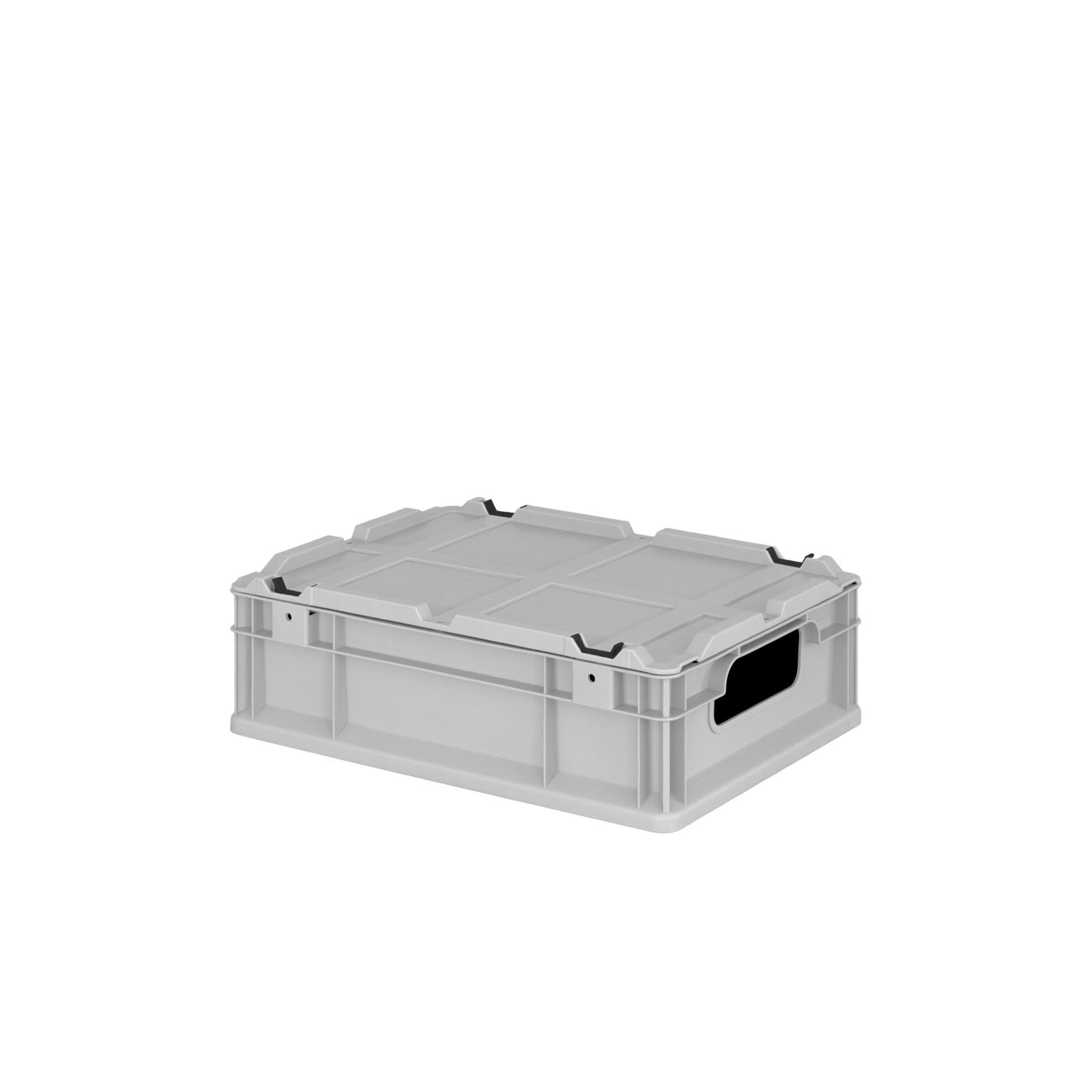 Kunststoffbox mit einem stabilen, flachen Deckel und seitlichen Griffen. Sie ist klar und transparent, geeignet für Lagerung und Transport von Materialien. Der Hintergrund ist schwarz.
