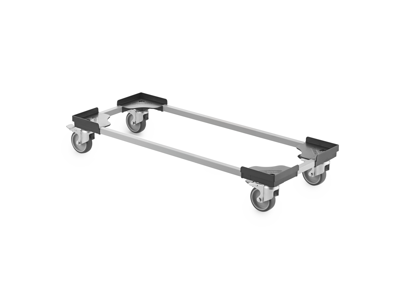 A transport dolly with a rectangular frame featuring four swivel wheels at each corner. The frame is primarily metallic with plastic end caps, designed for efficient movement of loads in industrial settings.