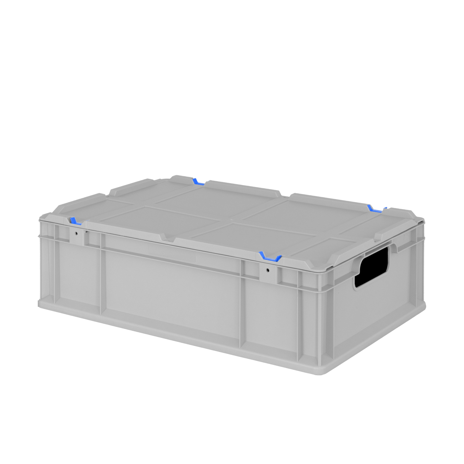A gray plastic storage box features blue accents and handles for easy carrying. Its design includes a sturdy lid and structural ridges, suitable for organizing items in an industrial setting.