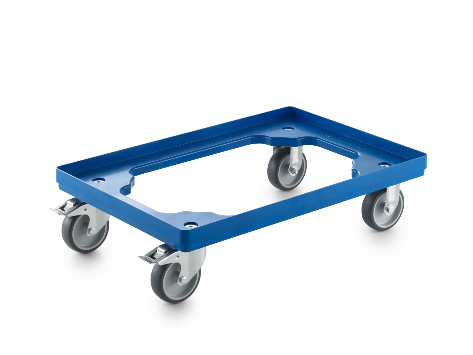 A blue platform trolley features four swivel castors, designed for easy movement. The rectangular shape includes a raised edge, suitable for transporting items in an industrial setting.