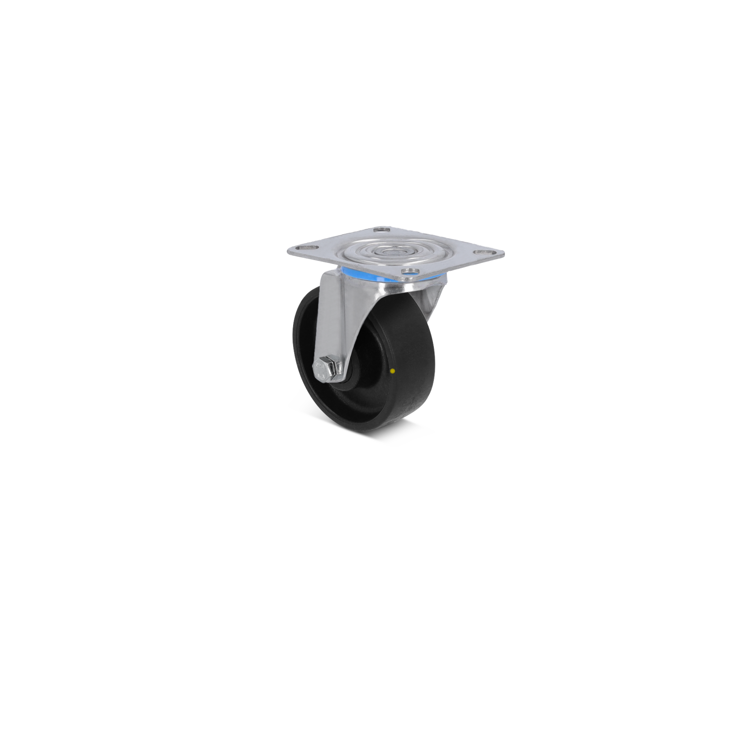 A swivel castor with a black rubber wheel is mounted on a silver metallic plate. The wheel is designed for smooth movement and is positioned upright against a plain background.