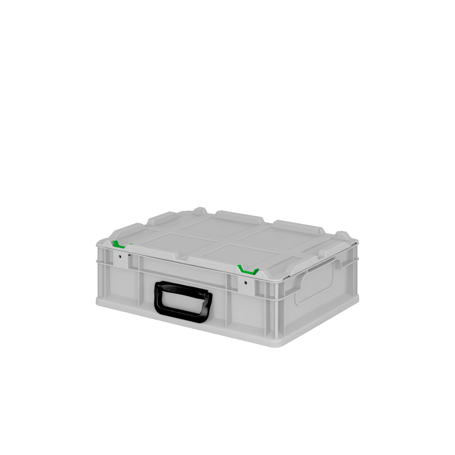 A translucent plastic storage box with a black handle and green clips on the lid. It features a flat top and rectangular shape, suitable for organizing items in an industrial or warehouse setting.