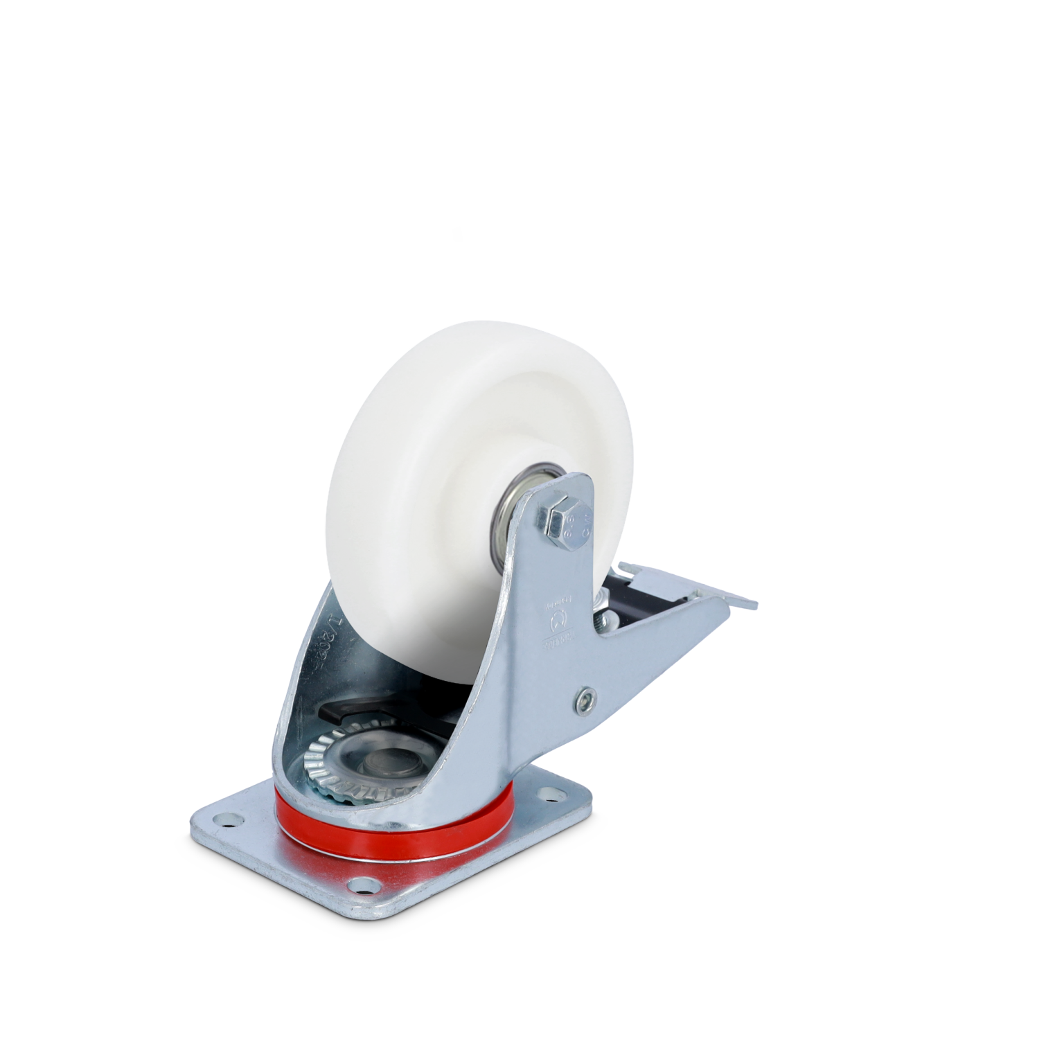 A white industrial wheel is mounted on a silver metal bracket. The wheel features a central axle and a red supporting ring, positioned on a flat base with multiple mounting holes, suitable for assembly in logistics settings.