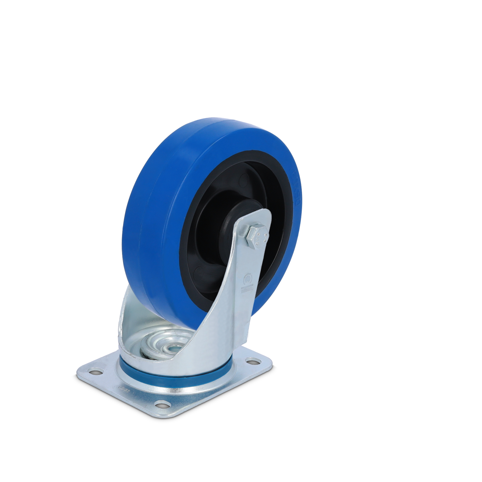 A blue industrial wheel with a black inner core is mounted on a silver metal castering swivel base. It features a square mounting plate with four holes for attachment, set against a blank background.