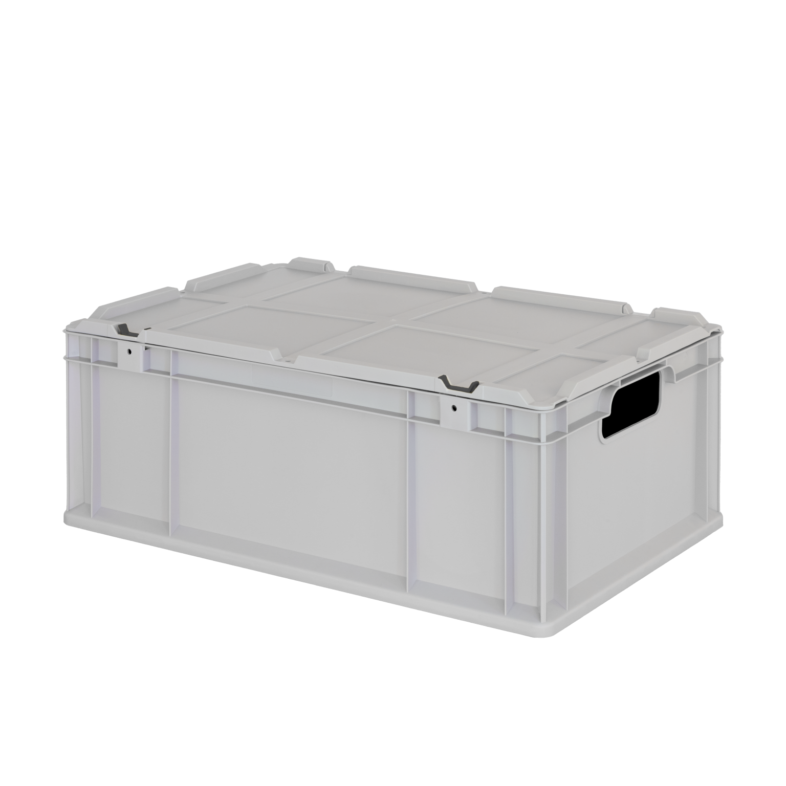 Ein rechteckiger, grauer Stapelcontainer mit offenen Griffen an den Seiten. Die Oberfläche ist flach mit vertieften Mustern und der Behälter wirkt robust. Der Hintergrund ist schwarz.