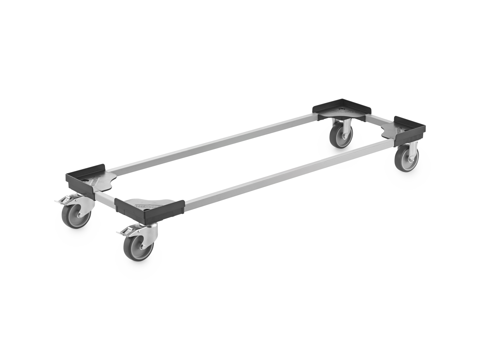 A transport trolley features a rectangular metallic frame with four swivel casters mounted on the corners, designed for mobility in industrial settings. The casters are equipped with brakes for stability.