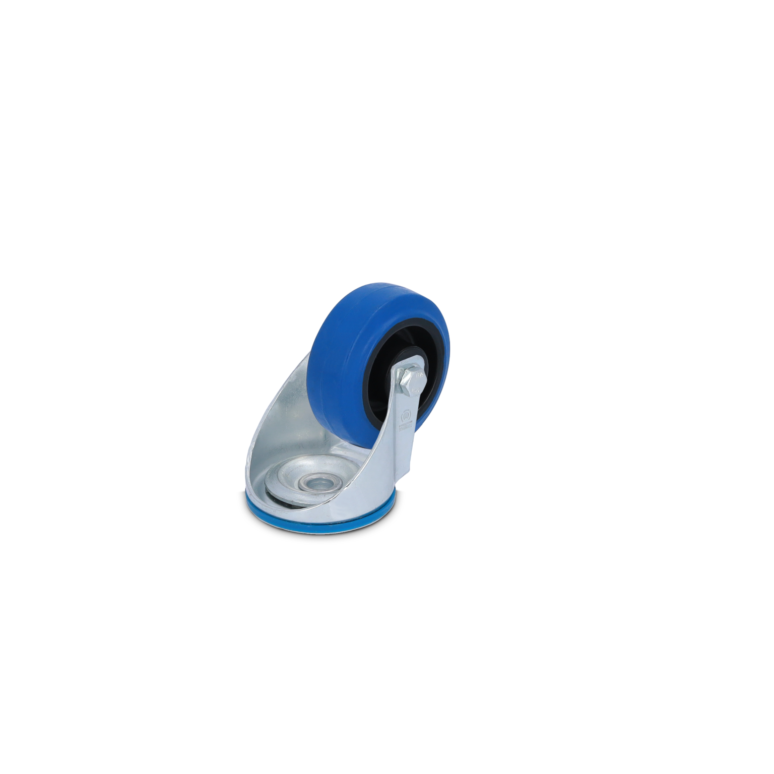 Blaue Möbelrolle mit schwarzem Gummi-Kreis, montiert auf einer silbernen, metallischen Halterung. Die Rolle ist aufrecht positioniert, auf einem neutralen Hintergrund.
