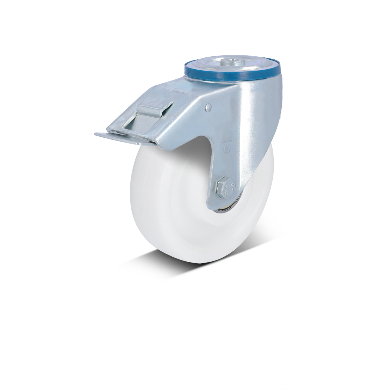 A white industrial wheel is mounted on a metallic swivel castor. The castor features a blue edge around a circular top plate for secure attachment, highlighted against a black background.