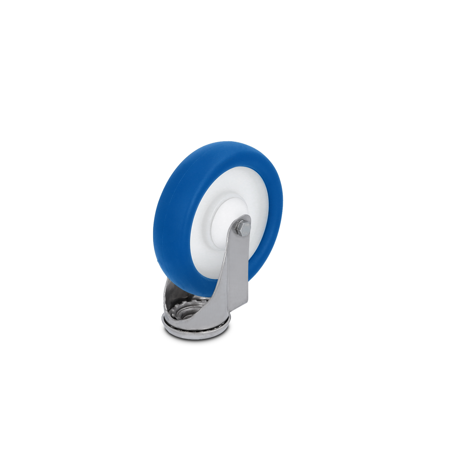 A blue rubber wheel with a white center is mounted on a shiny metal swivel base. The wheel is positioned upright, showcasing its smooth surface for easy movement in an industrial setting.