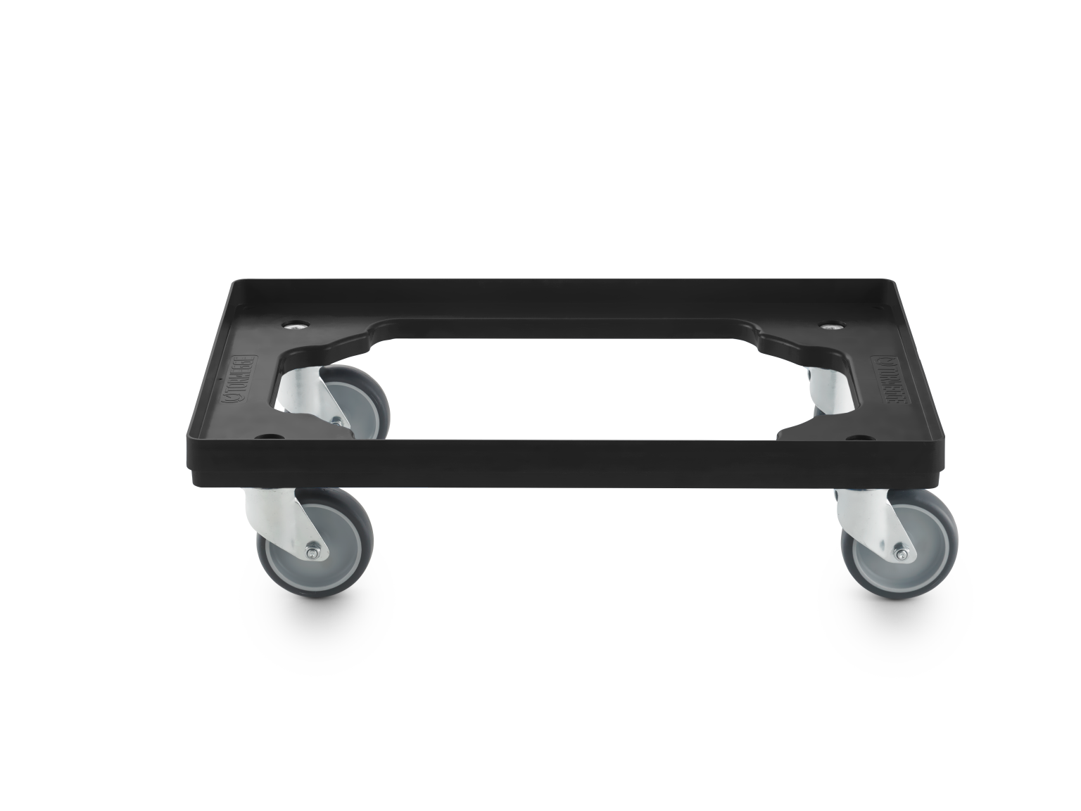 A rectangular transport trolley features a solid black plastic platform with an open center. It is mounted on four swivel castors with silver metal frames, positioned on a plain background.