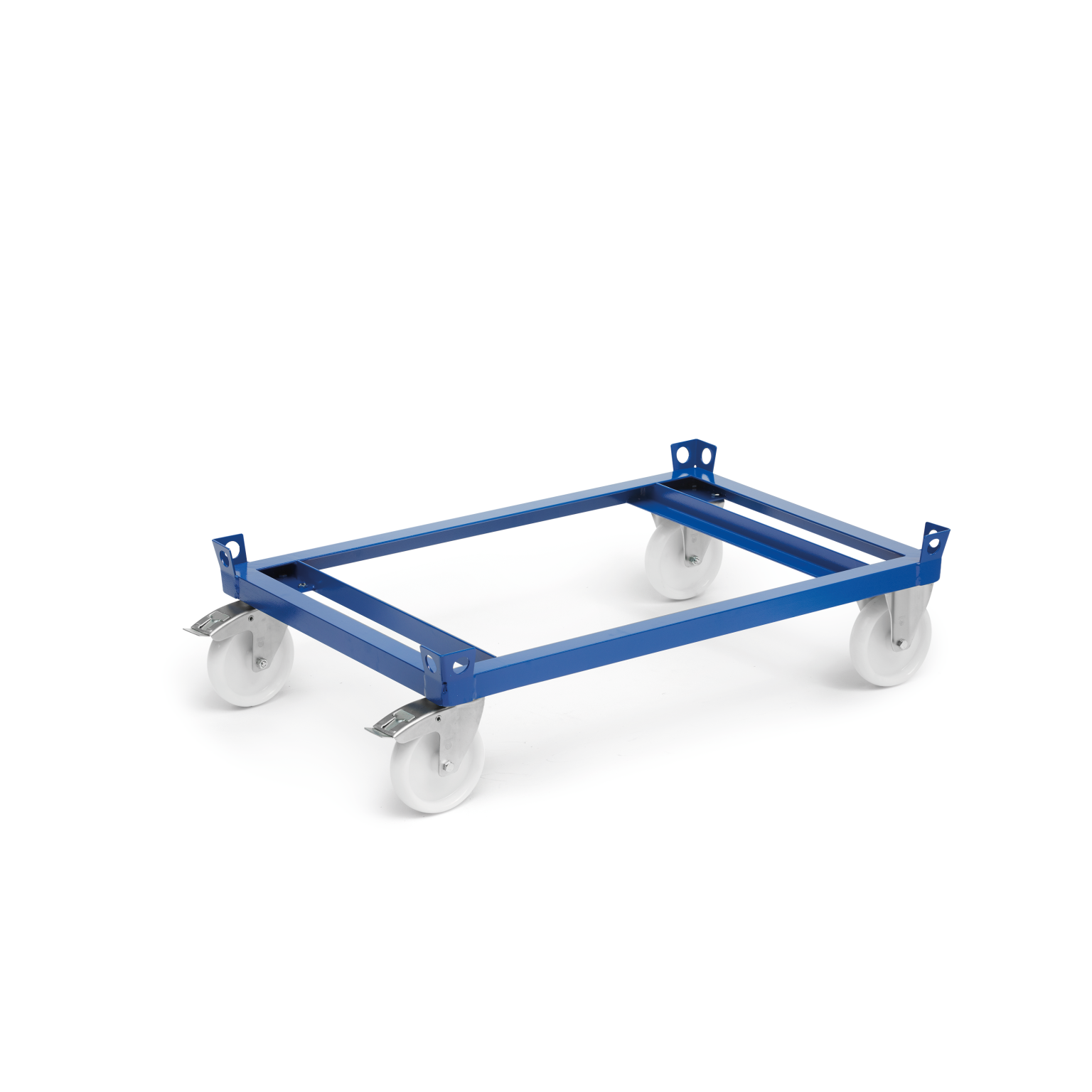 A blue metal transport trolley features a rectangular frame with four white pivoting wheels. The wheels are mounted on metal plates, designed for easy mobility in an industrial setting.