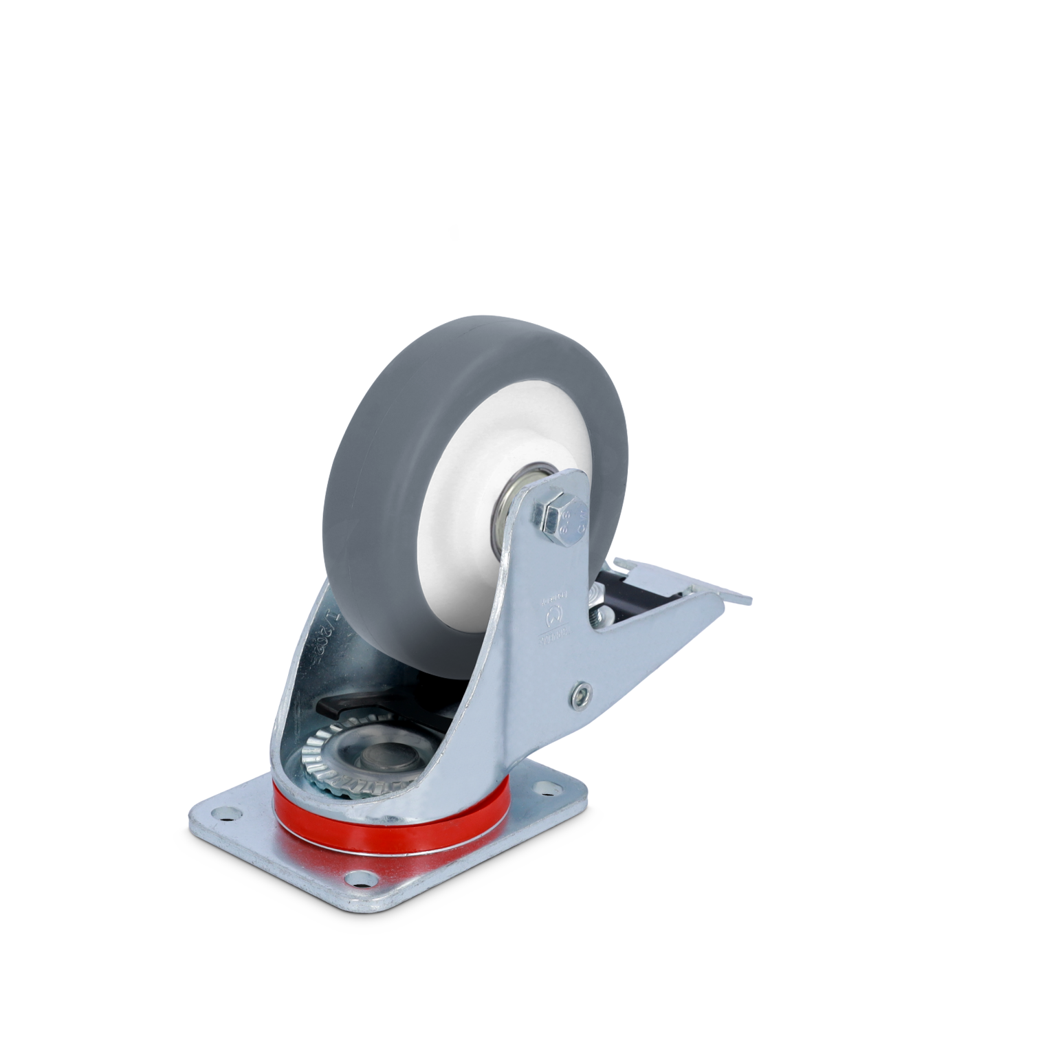 A swivel castor features a gray rubber wheel with a white center, mounted on a silver metal bracket with a red base. It is positioned diagonally against a plain background.