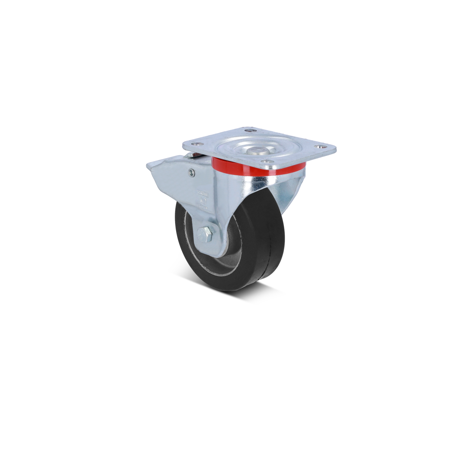Zwenkwiel met een metalen montagesteun, voorzien van een zwarte rubberen band en een rode ring. Dit wiel is ontworpen voor gebruik in industriële toepassingen en is zichtbaar op een neutrale achtergrond.