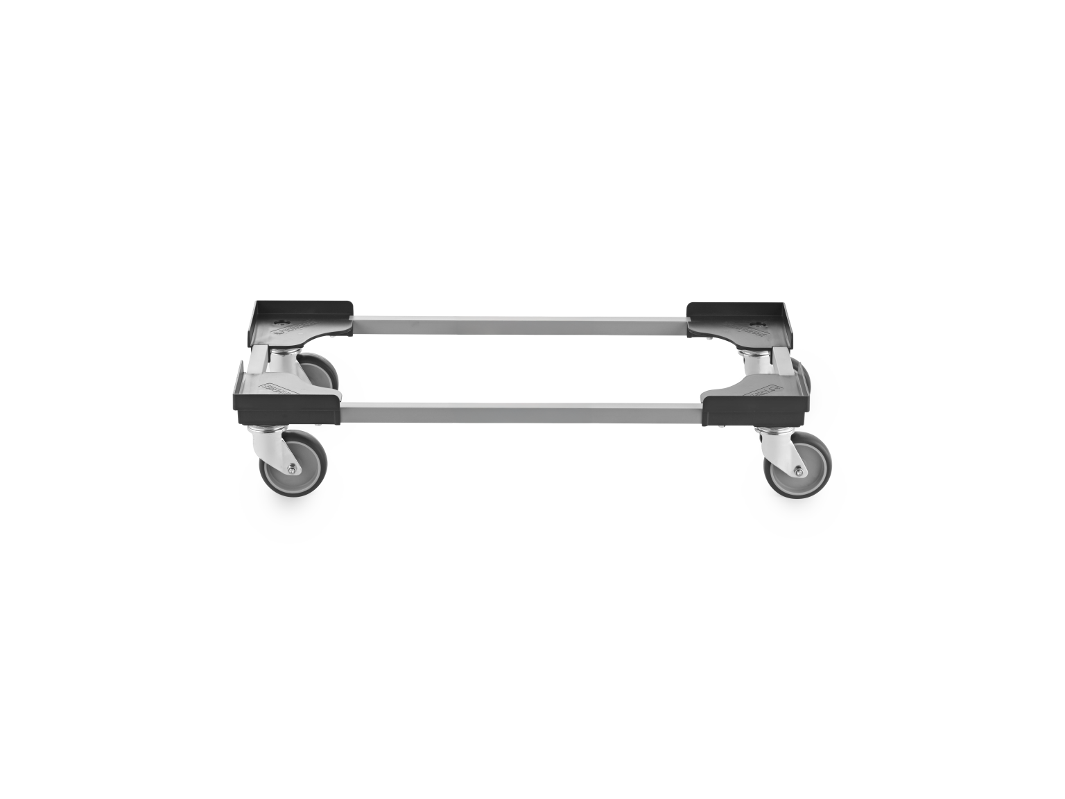 Compact transport trolley featuring a rectangular metal frame with wheels. It showcases a sturdy design with two pairs of swivel casters for mobility, resting on a plain background.