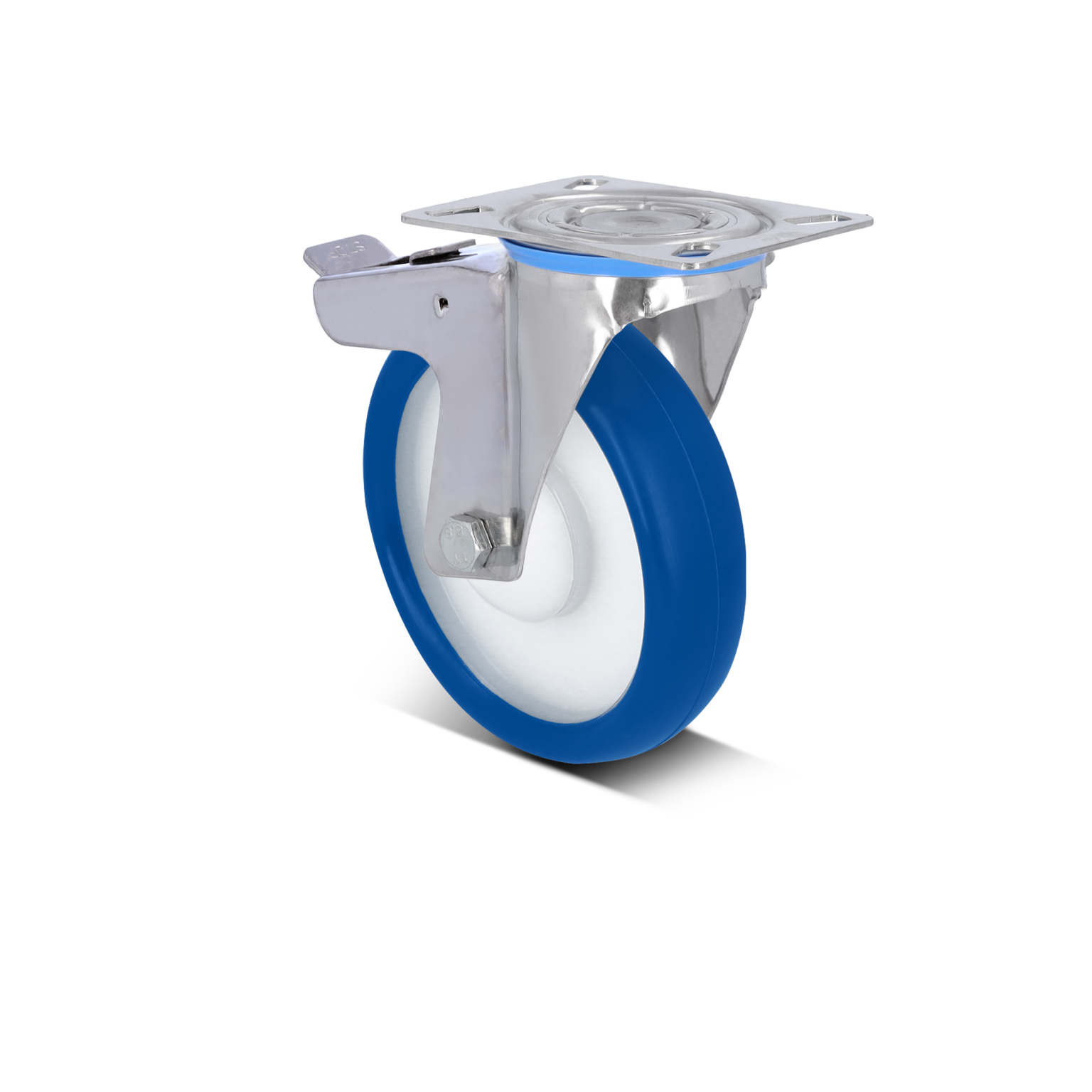 Zwenkwiel met een blauw rubberen loopvlak en een metalen bevestigingsplaat. Het wiel is glanzend en heeft een stevige montagebeugel, geschikt voor verschillende toepassingen in de materialenhandling.