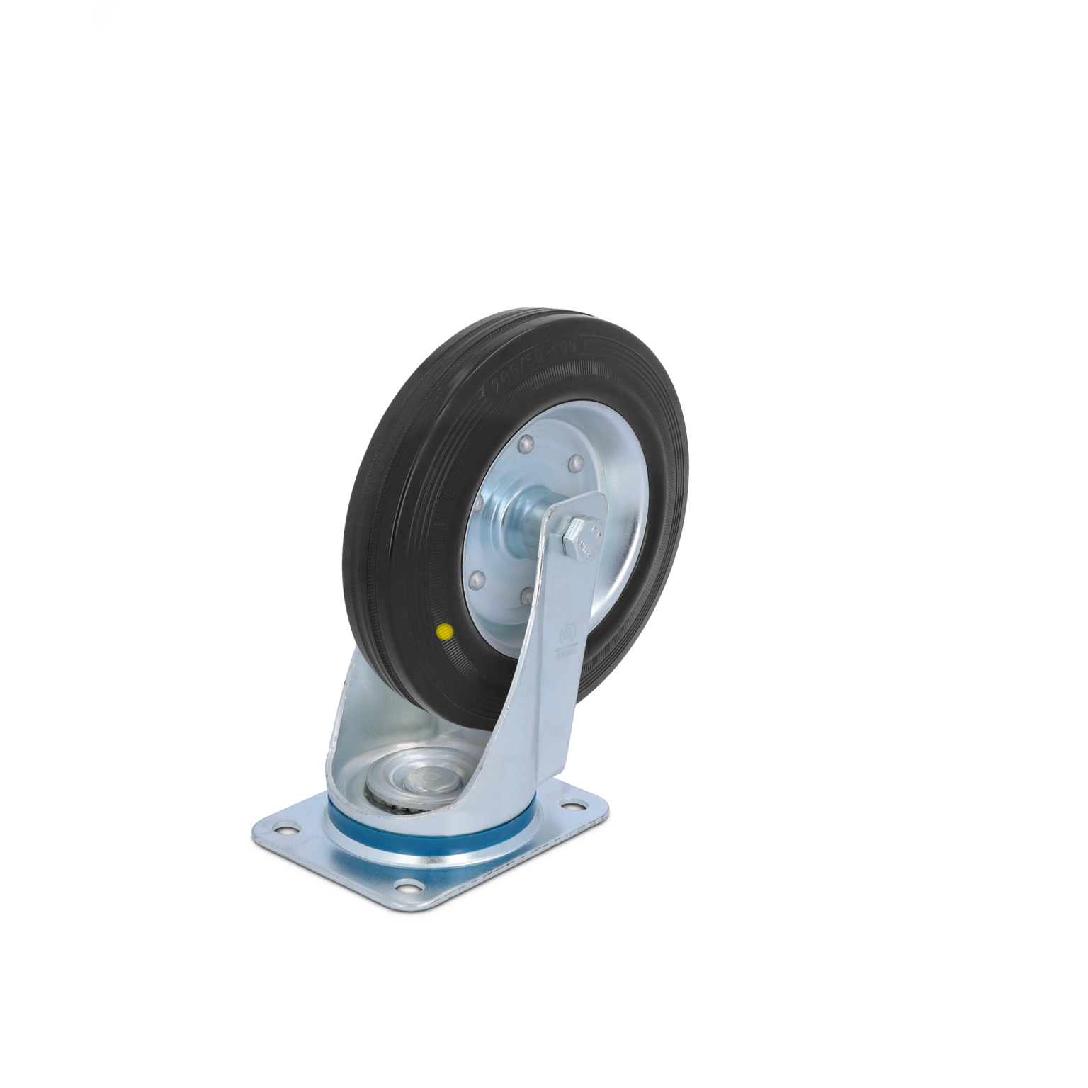 A black rubber wheel is mounted on a shiny metallic swivel plate with a circular base. It features a yellow dot for identification, positioned against a blank background, emphasizing its industrial design.