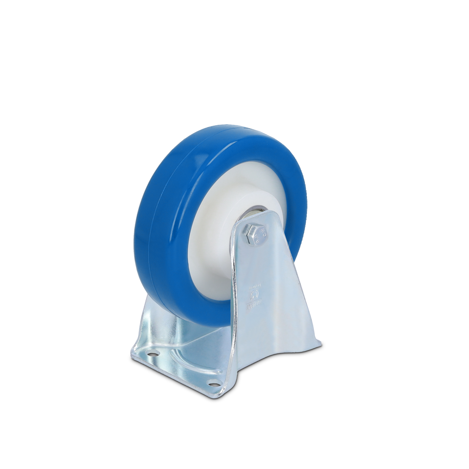 Eine blaue Radrolle mit einem weißen Kern ist an einer silbernen Metallbasis befestigt. Die Basis hat zwei Löcher zur Befestigung. Der Hintergrund ist schwarz.