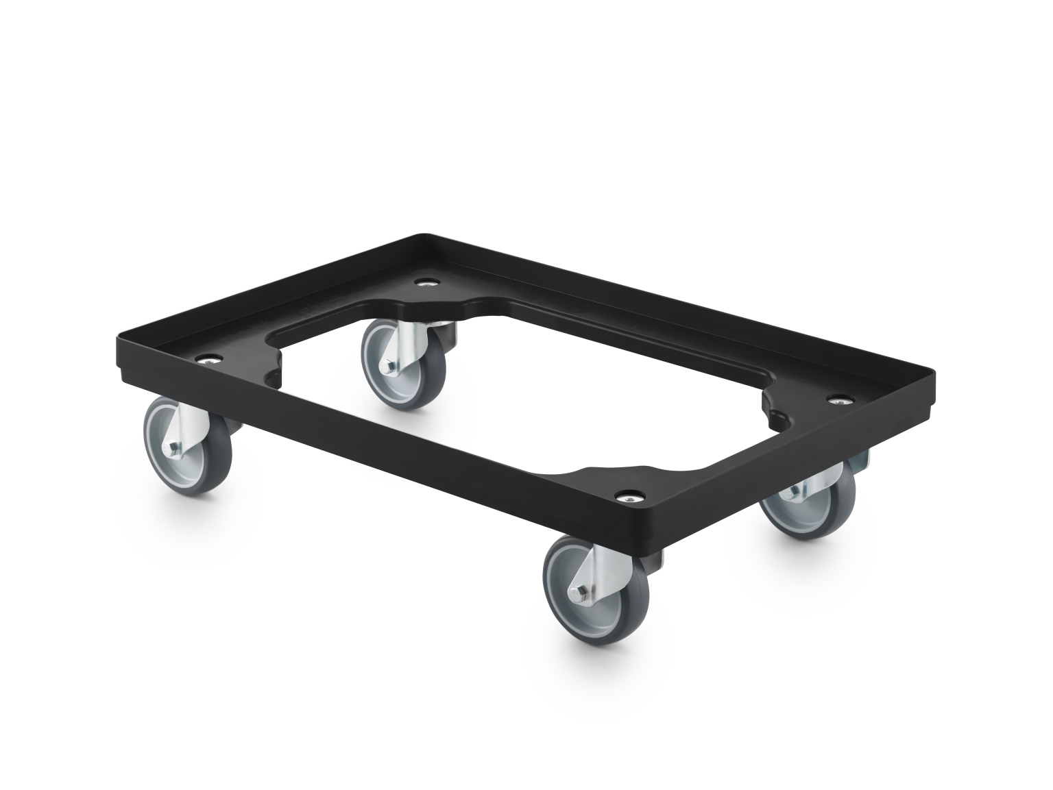A rectangular transport dolly with a black frame features four grey, swiveling castors. The dolly is designed for maneuverability in industrial settings and is placed against a plain background.