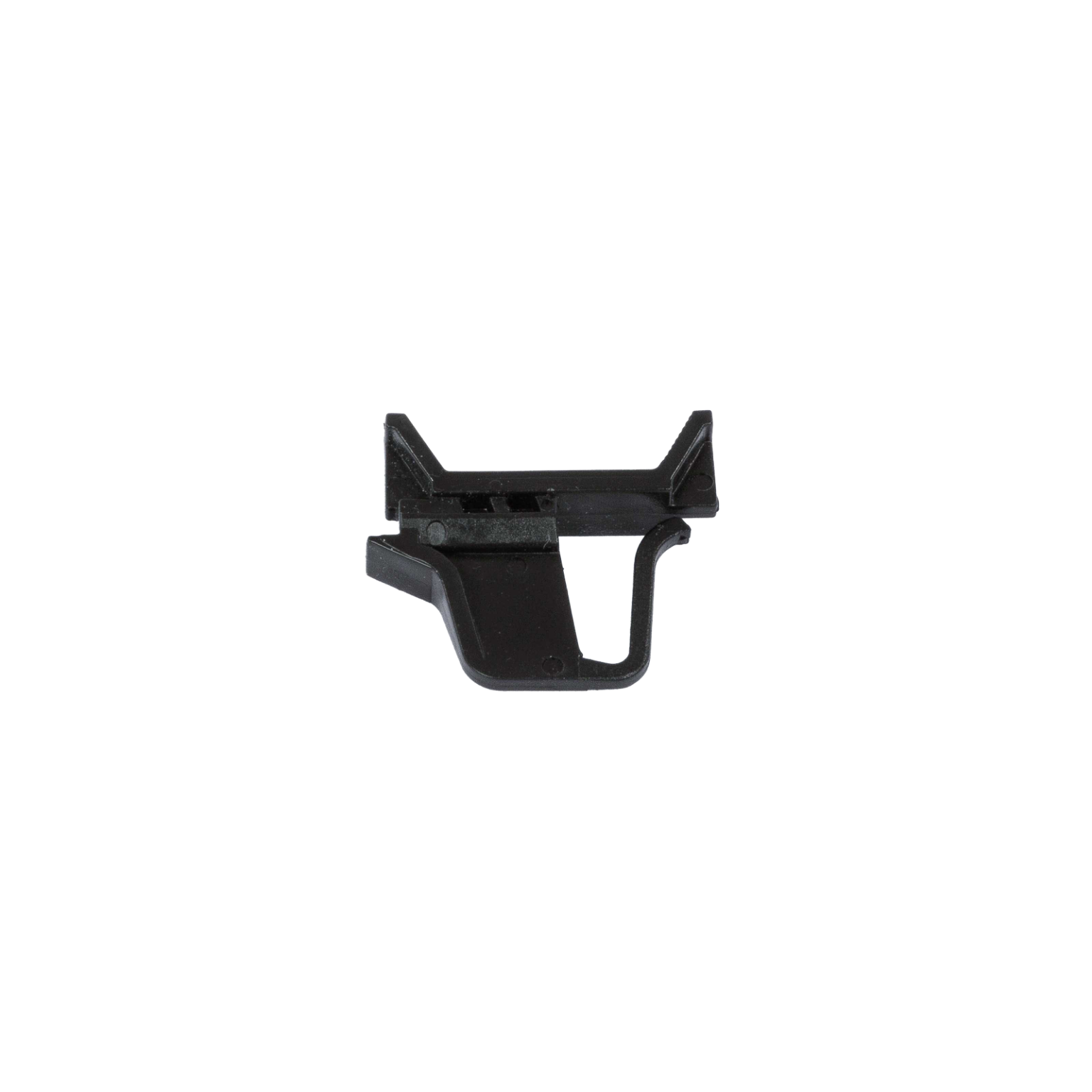 A black plastic component with a hook shape is displayed, featuring a flat mounting area and a curved section for attachment. It is isolated against a simple background.