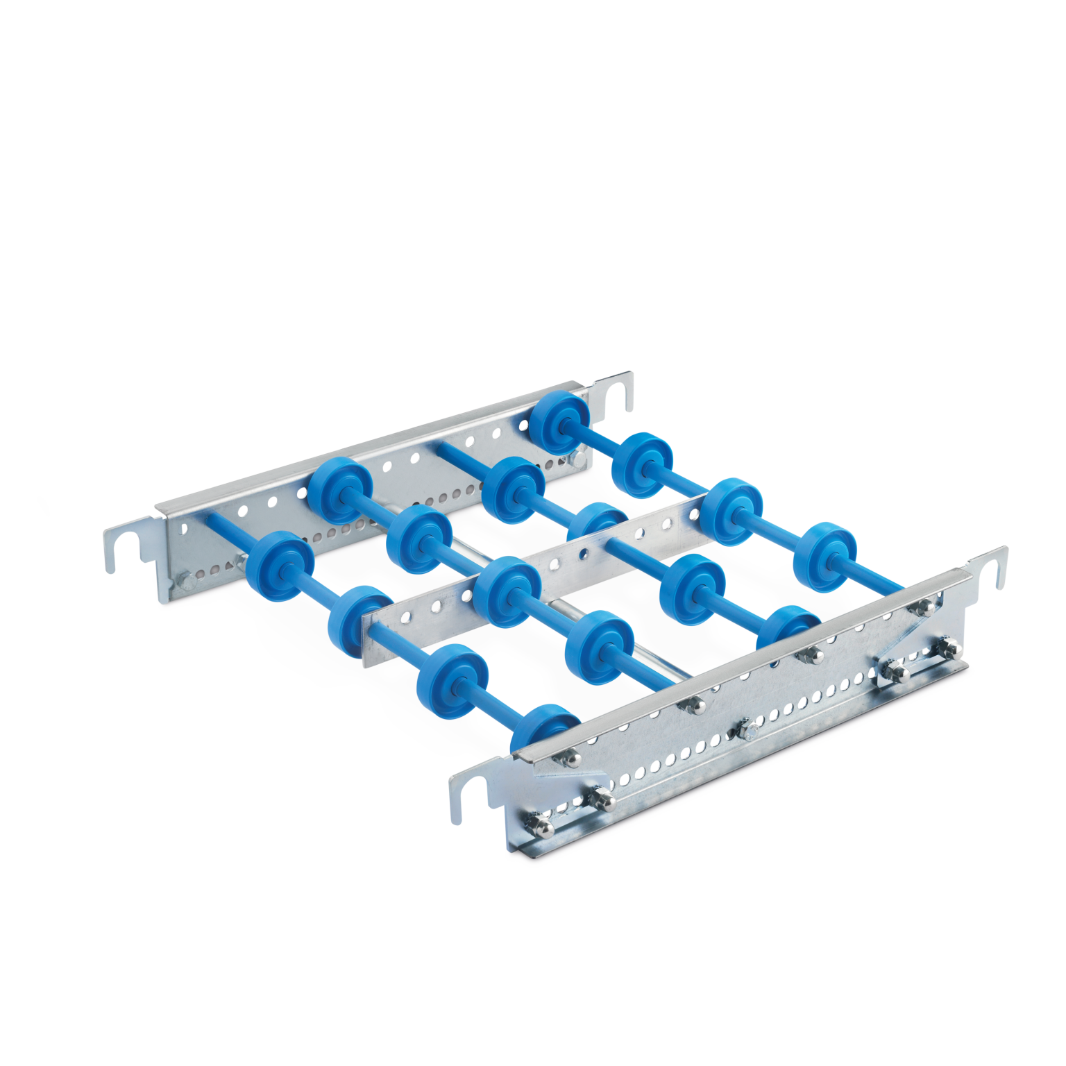 Transportlaufrollen bestehen aus mehreren blauen Rollen, die auf einer stabilen Metallbasis montiert sind. Diese Struktur ist für die Unterstützung von Materialtransport- oder Lagerprozessen konzipiert.
