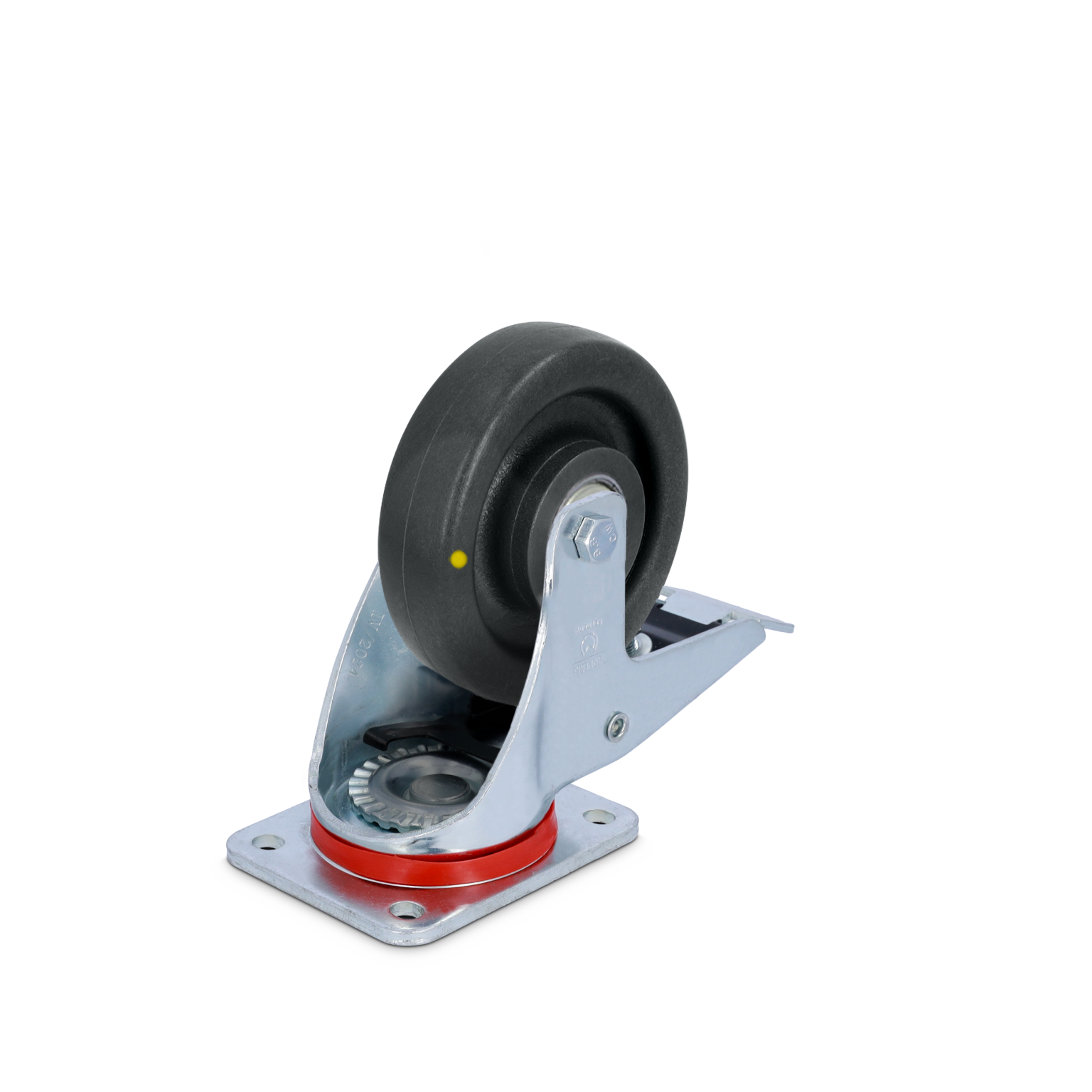 Black rubber wheel mounted on a metal pivoting bracket with a red elastomer ring and a square mounting plate. The background is blank, emphasizing the wheel-s structure and materials.