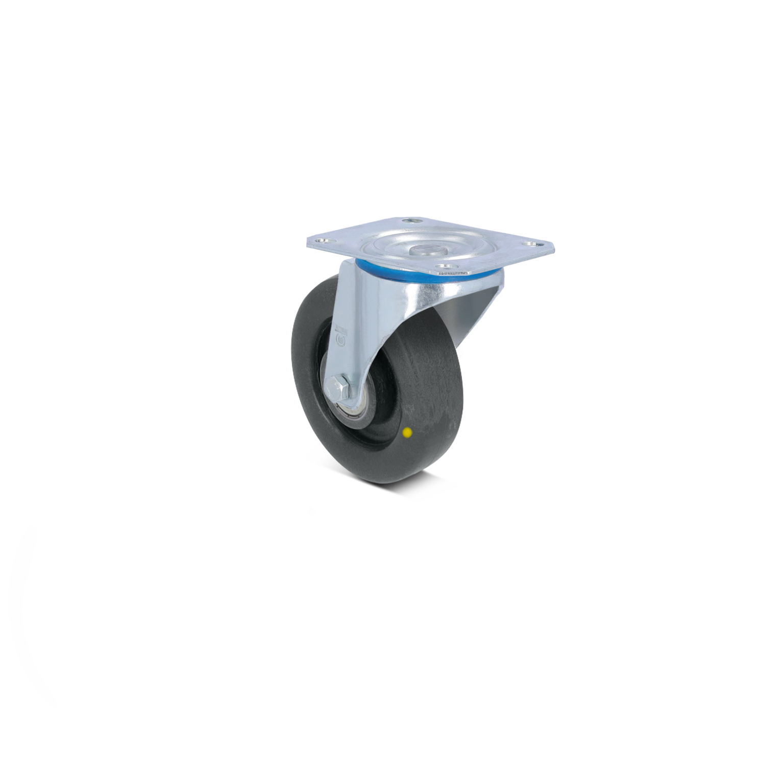 Zwenkwiel met een rubberen band en een metalen montageschijf. Het is zwart met een zilverkleurig bevestigingsplaatje en een blauwe ring. Achtergrond is neutraal en onopvallend.