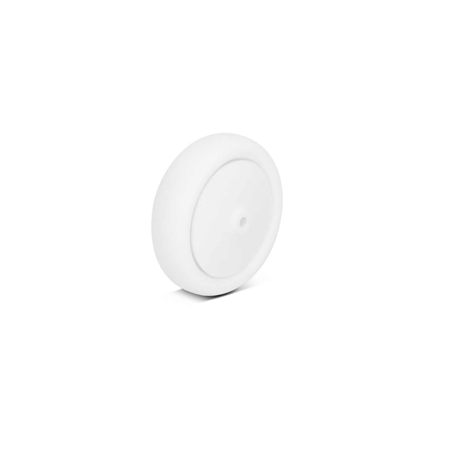 A white wheel is shown, featuring a smooth surface with a round profile. It has a central hole for mounting. The background is plain, emphasizing the wheel-s design.
