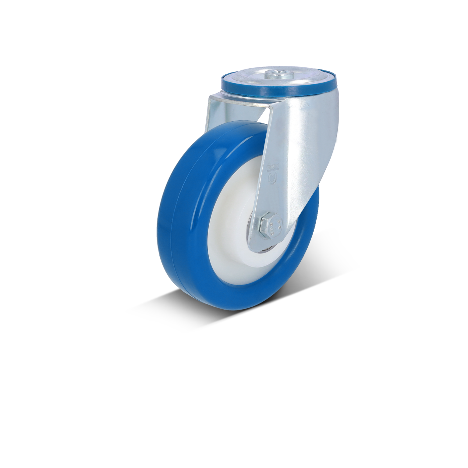 Een blauw rubberen wiel met een witte kern is bevestigd aan een metalen bevestigingsplaat. Het wiel is ontworpen voor gebruik in industriële toepassingen en staat afgebeeld op een neutrale achtergrond.