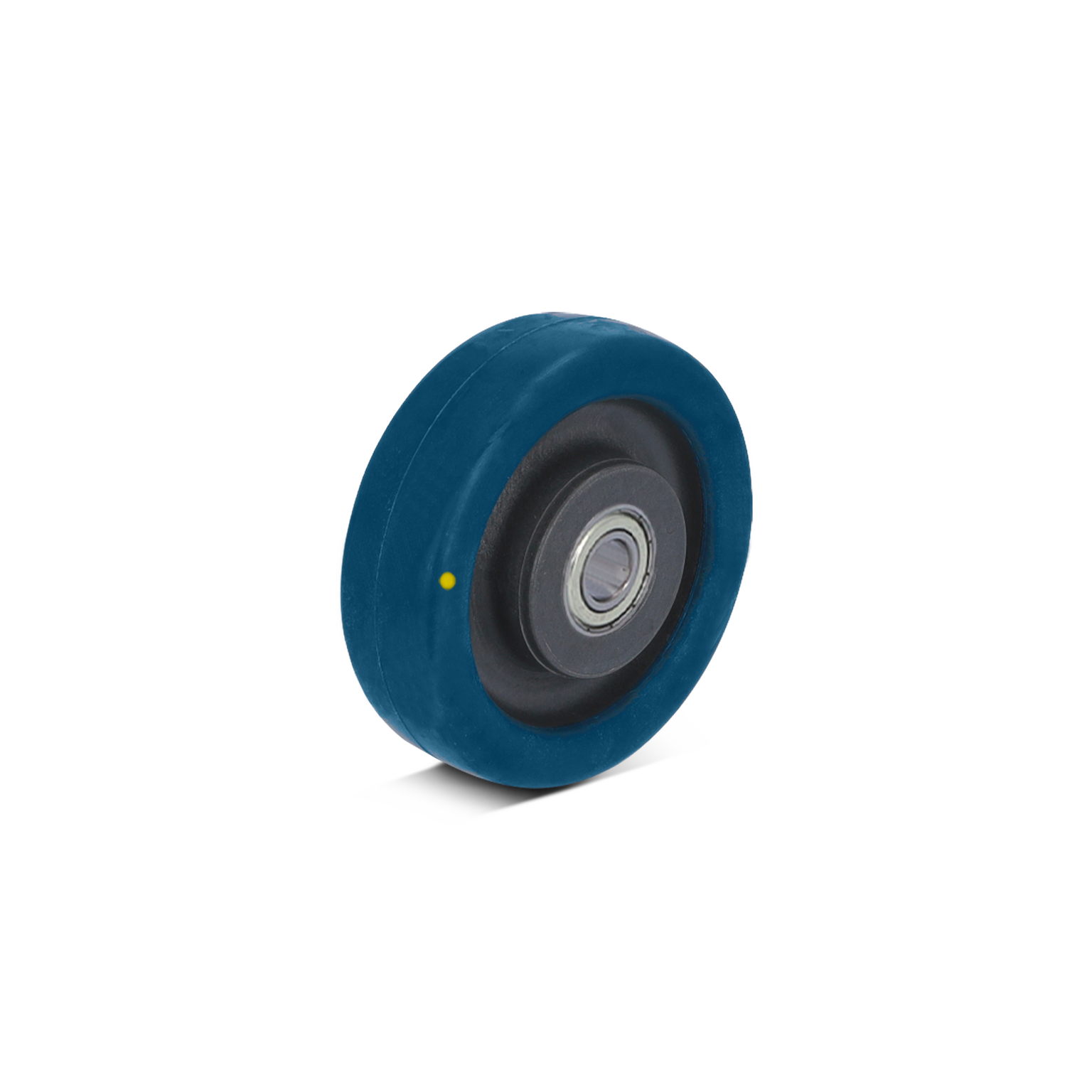 Blauwe industriële wielen met een zwart rubberen looprand en een metalen kern, gepositioneerd tegen een lichte achtergrond. Het wiel heeft een glanzend oppervlak en een centrale lageropening.