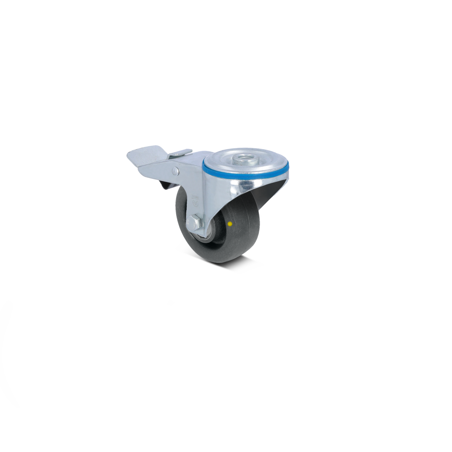 Zwenkwiel met metalen bevestigingsplaat, gemaakt van kunststof en rubber. Het wiel is grijs met een blauwe rand en heeft een draaibare ontwerp, geplaatst op een lichte achtergrond.
