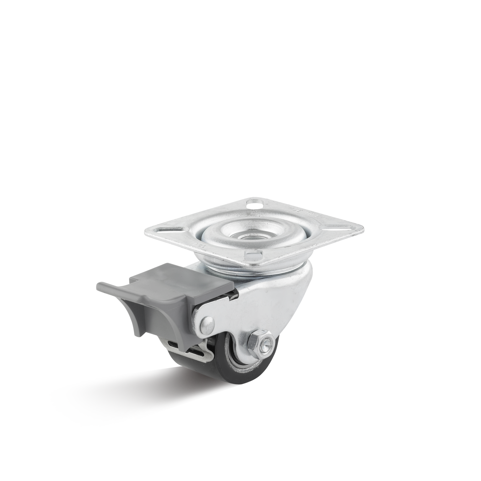 Zwenkwiel met een metalen montagesteun en een grijze rem, voorzien van een rubberen band. Het wiel is gepositioneerd met een gladde ondergrond, zonder andere elementen in de omgeving.