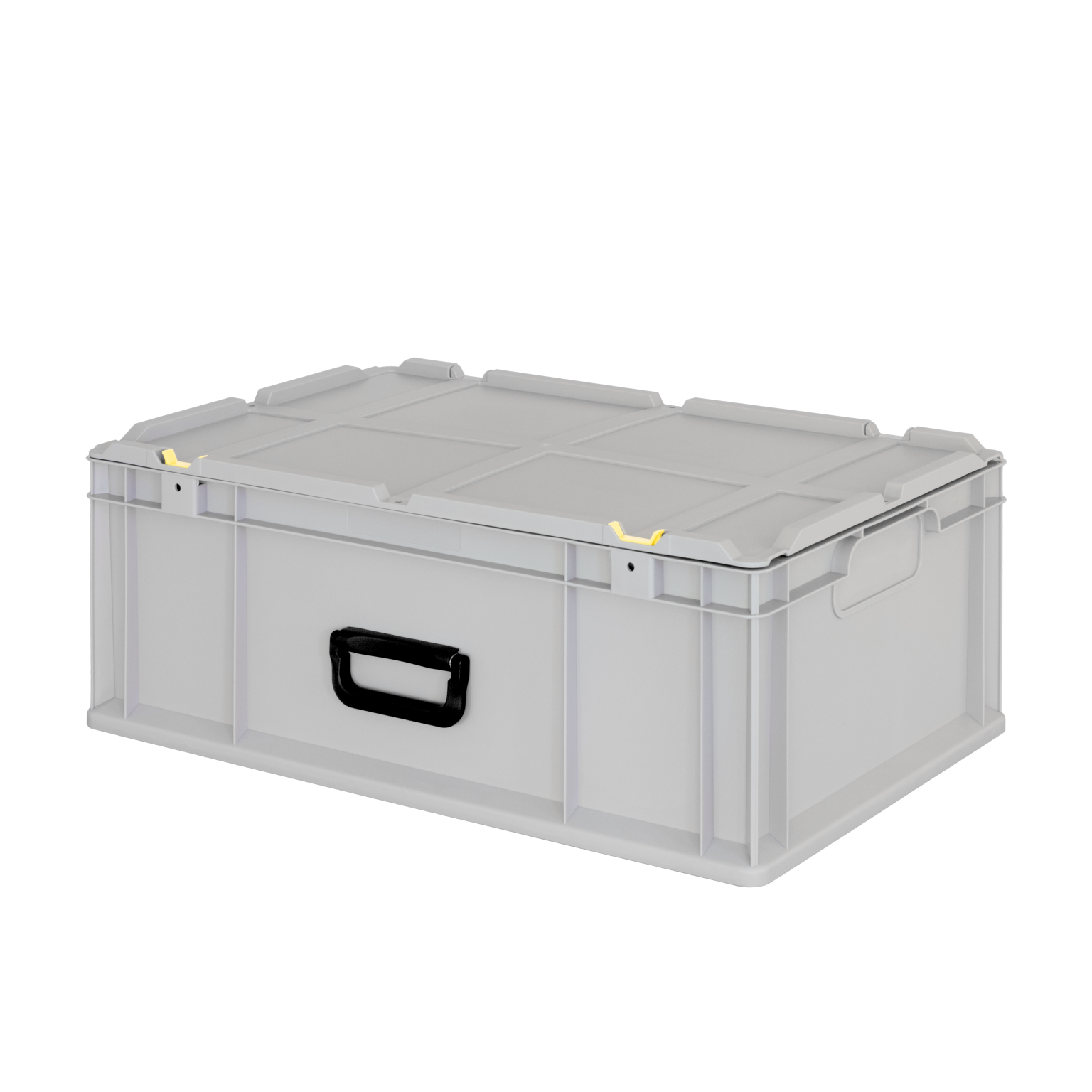A grey plastic storage box with a black handle is positioned at an angle. It features a sturdy lid with yellow clips for securing contents, set against a plain black background.