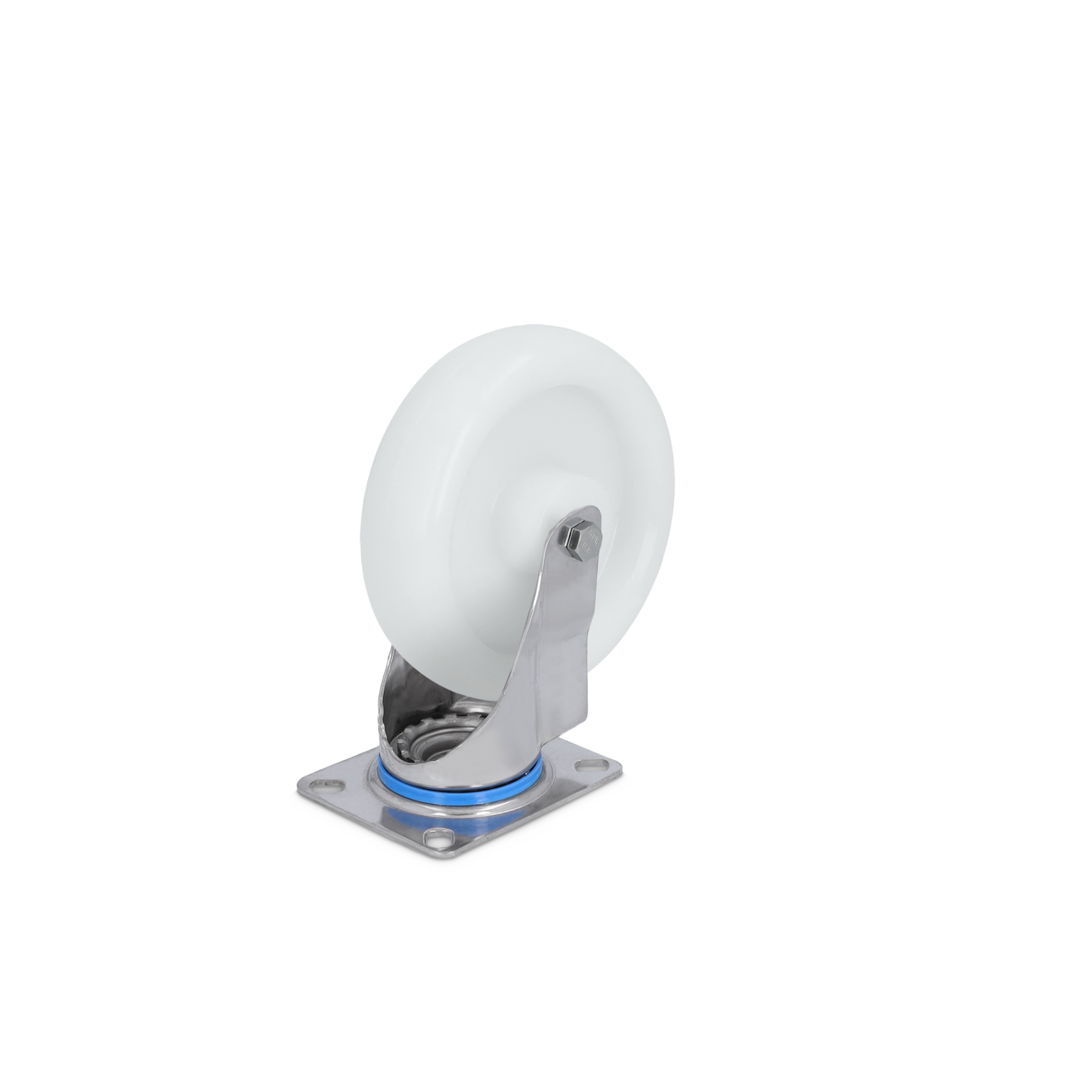 A white plastic wheel is mounted on a shiny metal swivel bracket with a blue accent ring. It features a square mounting plate with four holes for attachment, positioned against a plain background.