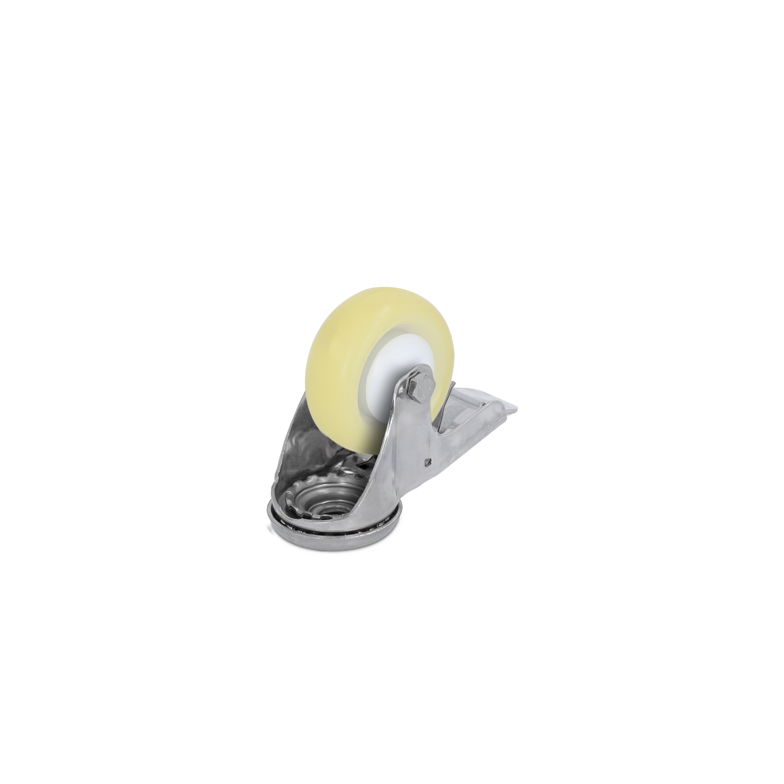 Industrielles Rad mit gelbem Gummirollenmaterial, montiert auf einer metallischen Halterung. Die Halterung hat ein drehbares Design und ist auf einem weißen Hintergrund positioniert.