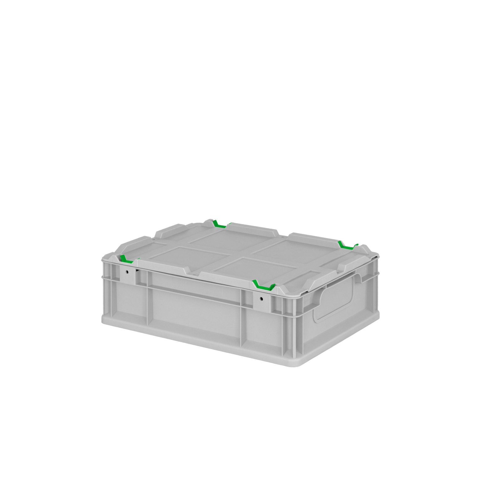 Transparente Transportbox mit grünen Clips an den Ecken, rechteckig und stabil. Sie steht auf einer neutralen Oberfläche im leichten Winkel zur Kamera, ideal für Lagerung und Transport von Materialien.