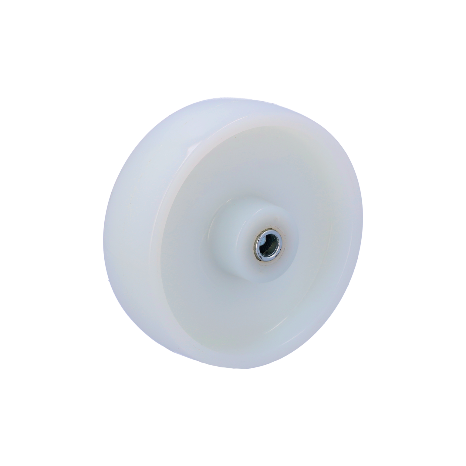 A round, white wheel focuses on a central hub with a bearing housed in it. The wheel has a smooth surface and is displayed against a plain, dark background.