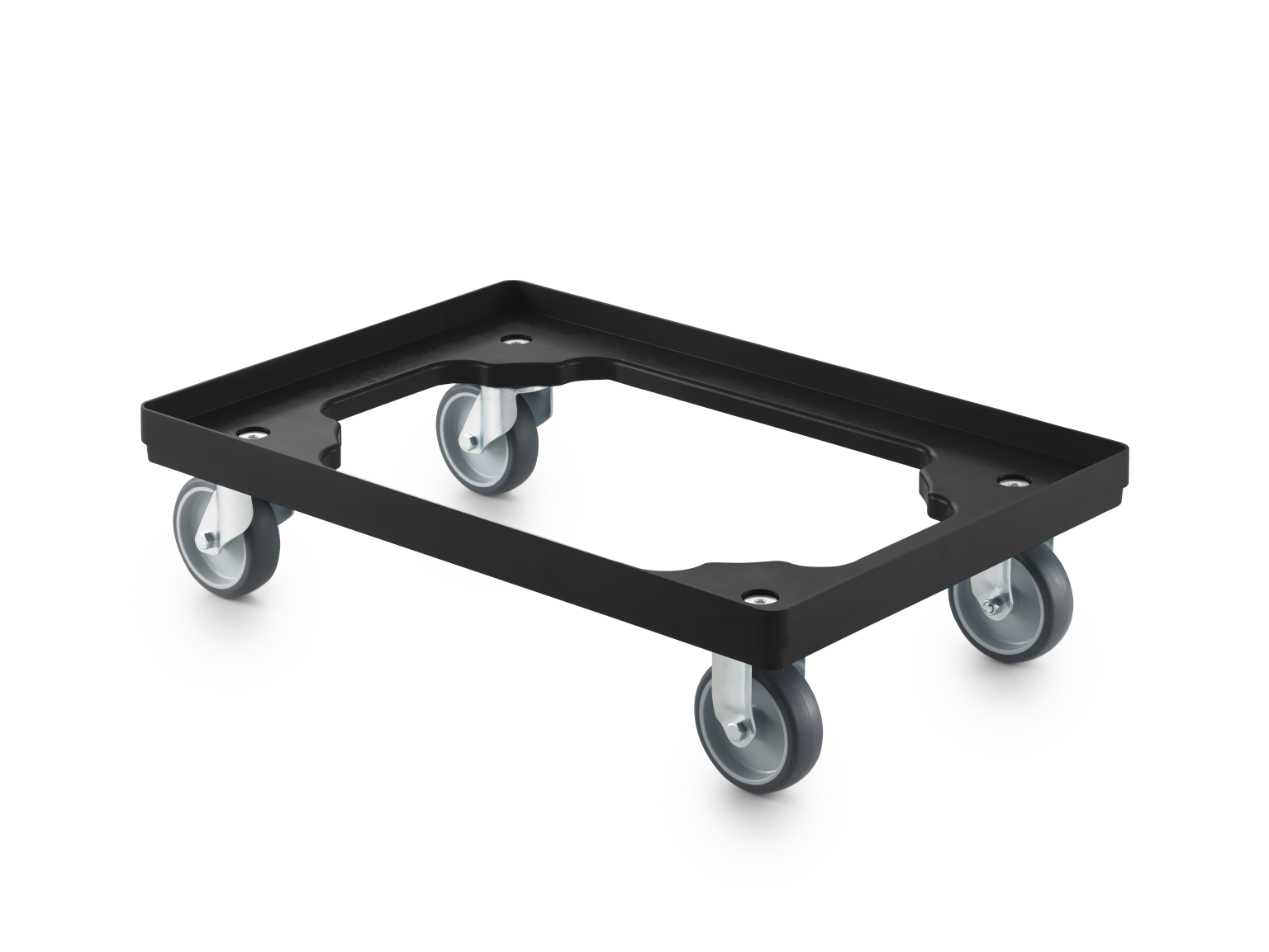 A rectangular black transport dolly with a flat surface and four swivel castors. The castors are mounted on silver brackets and feature grey wheels, designed for moving loads easily.