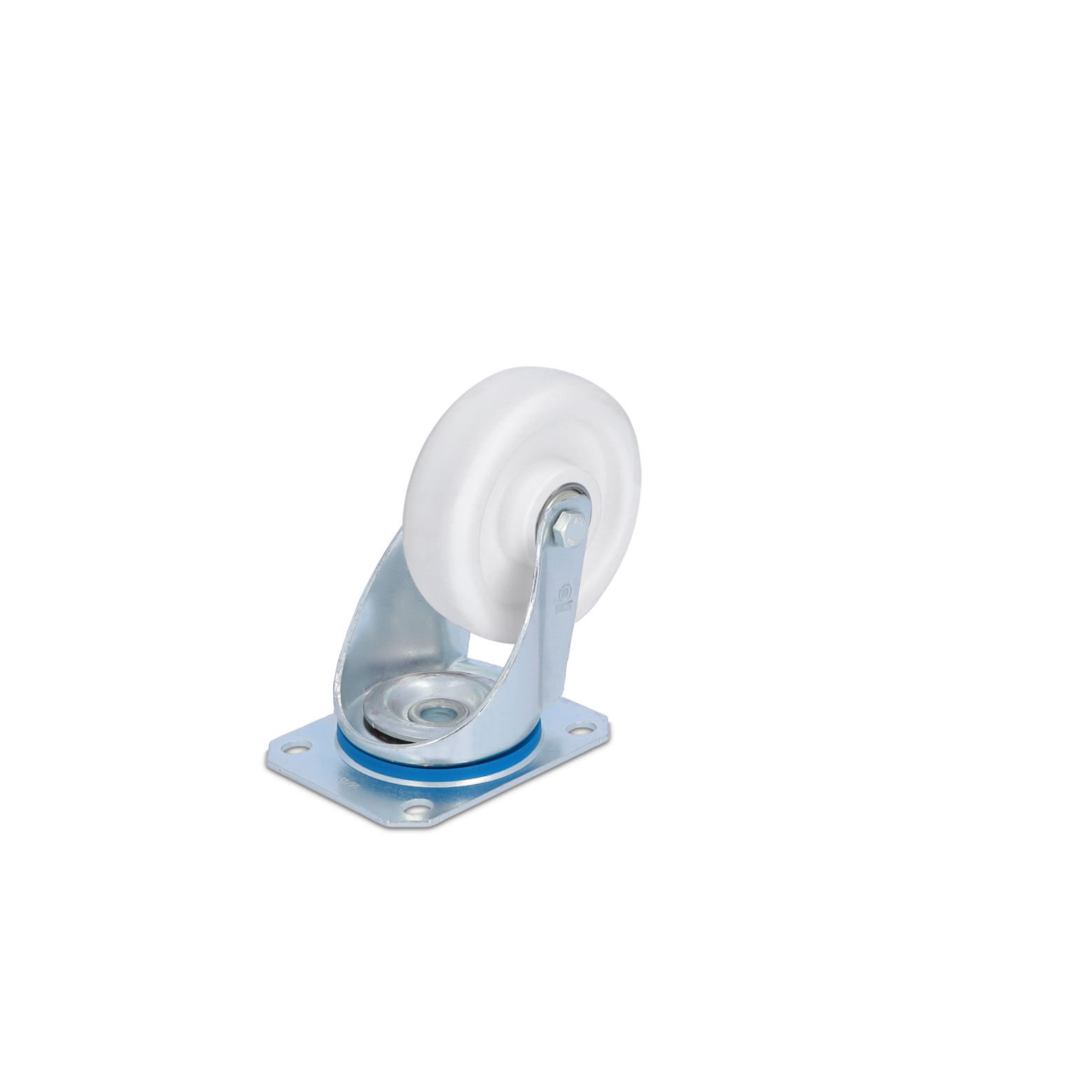 A swivel caster features a white wheel mounted to a metallic frame with a blue ring. It has a square base with multiple holes for secure attachment, suitable for various applications in material handling.
