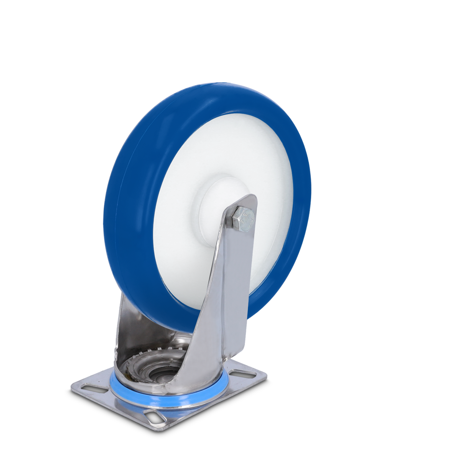 A blue industrial wheel features a solid design with a white center and a metal mounting plate. Its chrome bracket allows for attachment, set against a plain background.