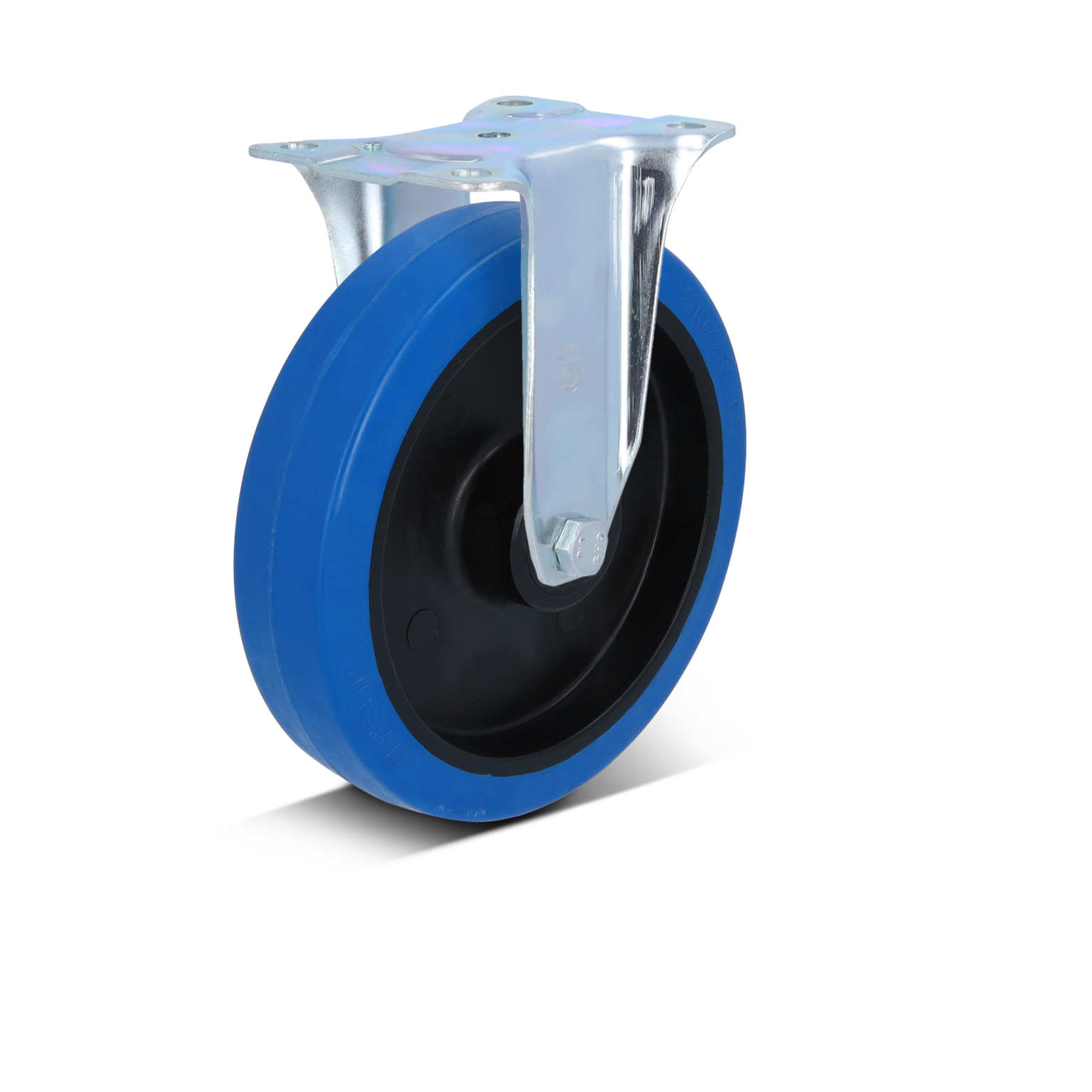 A blue industrial wheel with a black rubber surface is mounted on a silver metal swivel bracket. It features a flat plate for secure attachment, positioned against a plain background.